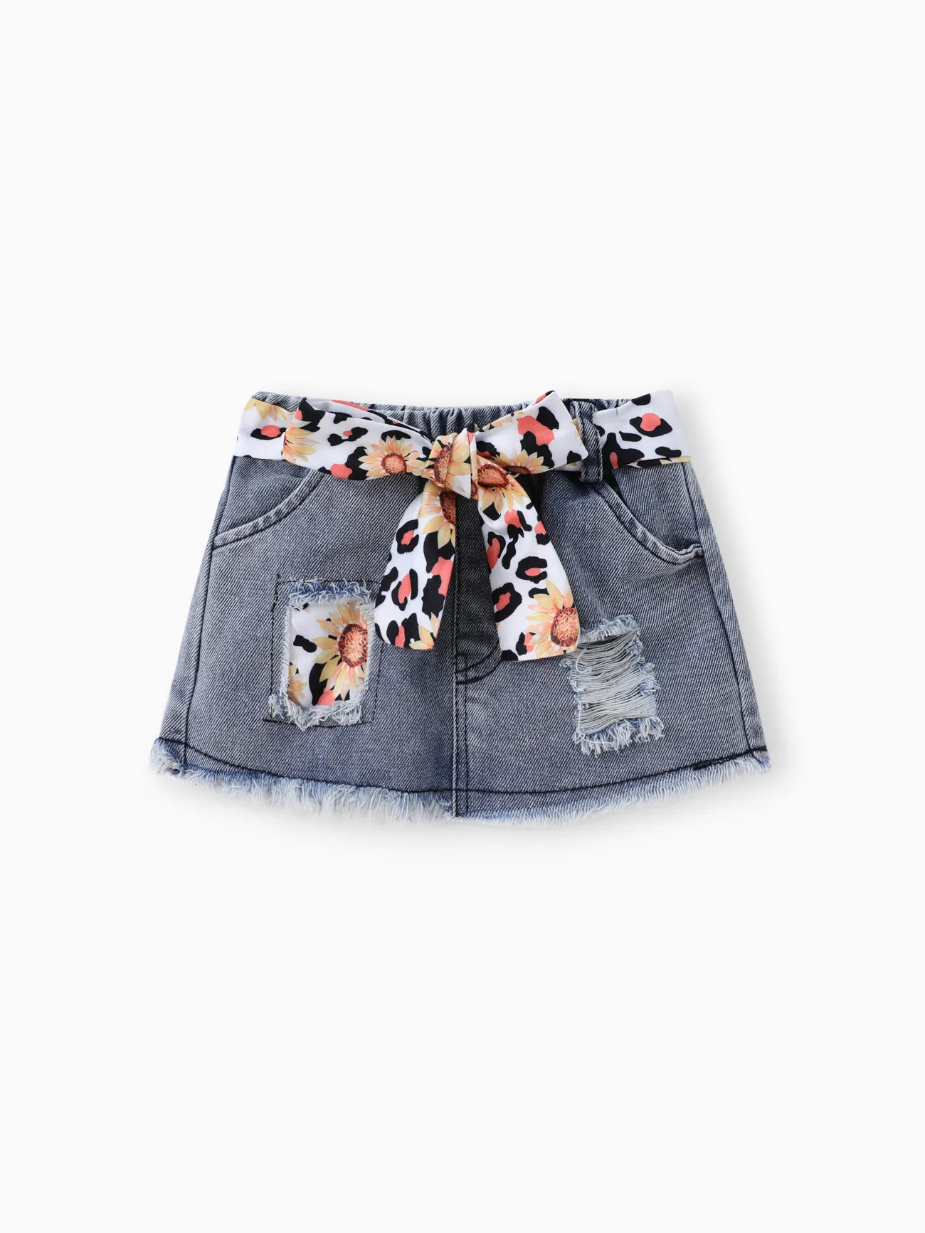 Yellow - 3pcs Baby Girl 100% Cotton Belted Ripped Denim Skirt and Letter Print Ribbed Flutter-sleeve Romper & Headband Set - image 7