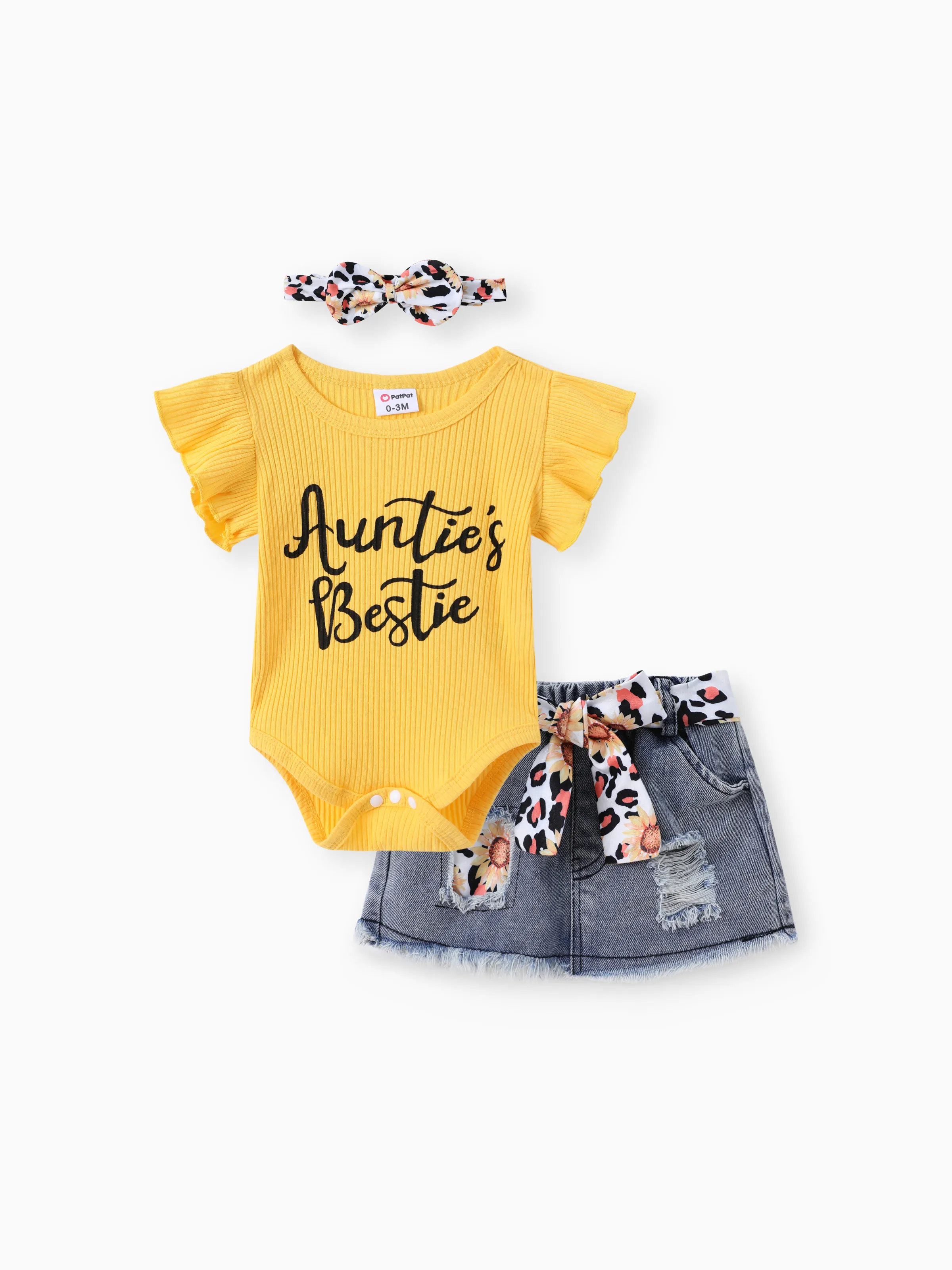 

3pcs Baby Girl 100% Cotton Belted Ripped Denim Skirt and Letter Print Ribbed Flutter-sleeve Romper & Headband Set