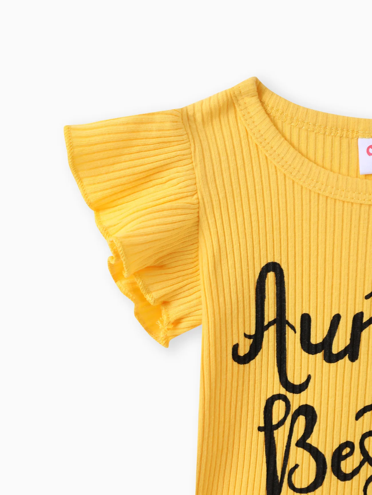 Yellow - 3pcs Baby Girl 100% Cotton Belted Ripped Denim Skirt and Letter Print Ribbed Flutter-sleeve Romper & Headband Set - image 3