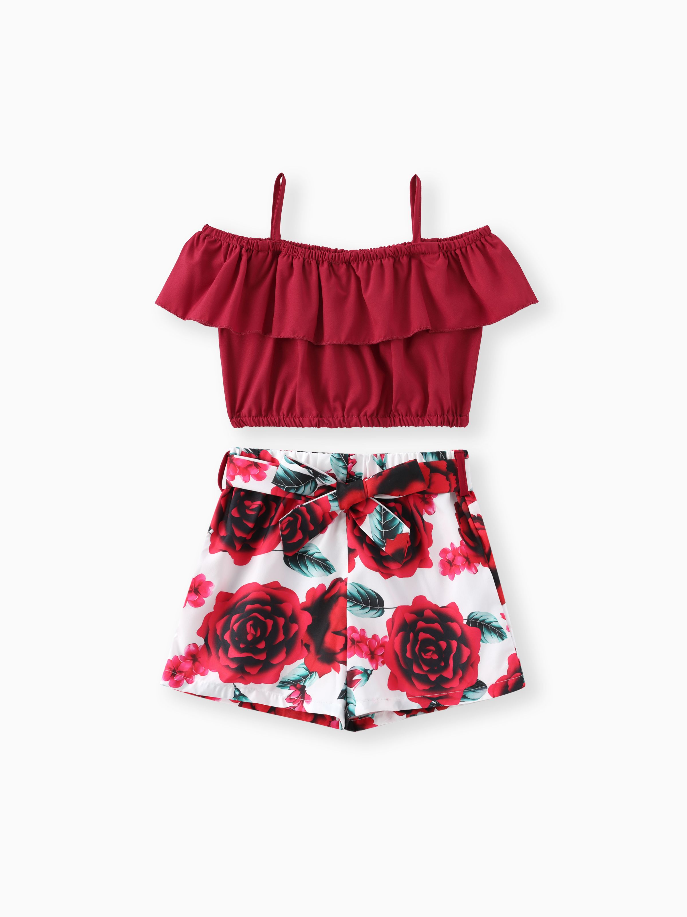 

2pcs Kid Girl Flounce Camisole and Floral Print Belted Shorts Set