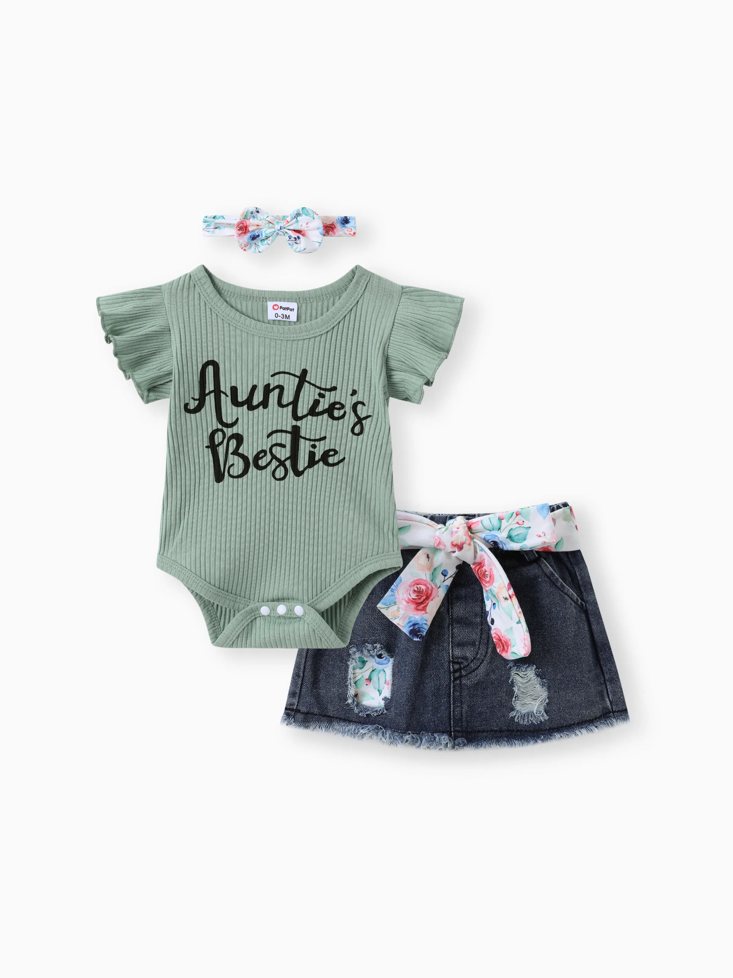 

3pcs Baby Girl 100% Cotton Belted Ripped Denim Skirt and Letter Print Ribbed Flutter-sleeve Romper & Headband Set