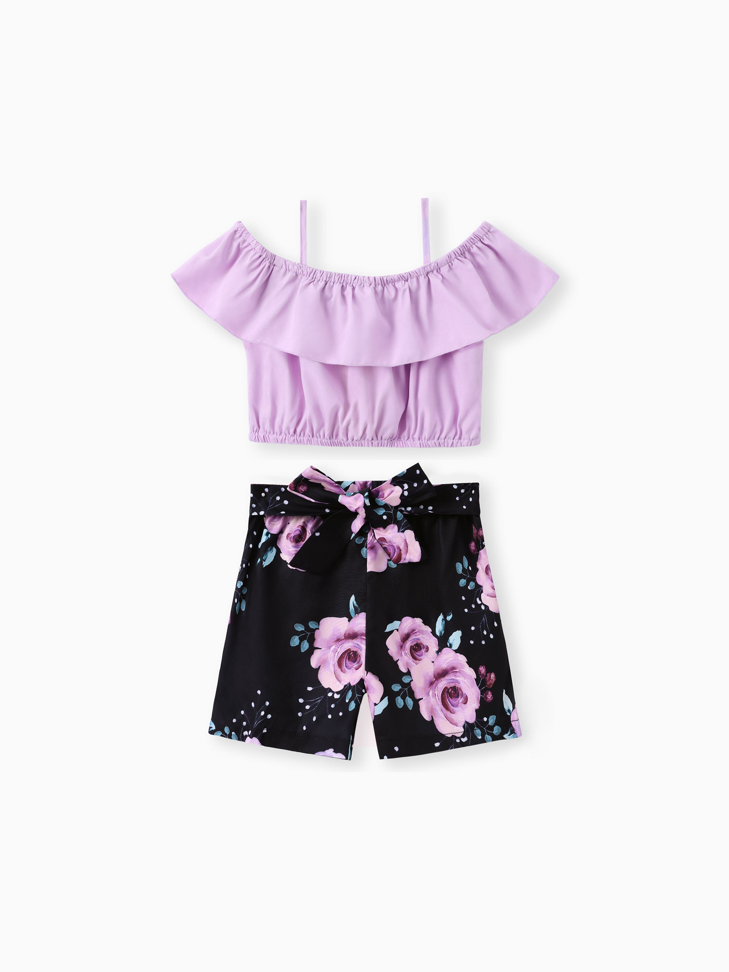 

2pcs Kid Girl Flounce Camisole and Floral Print Belted Shorts Set