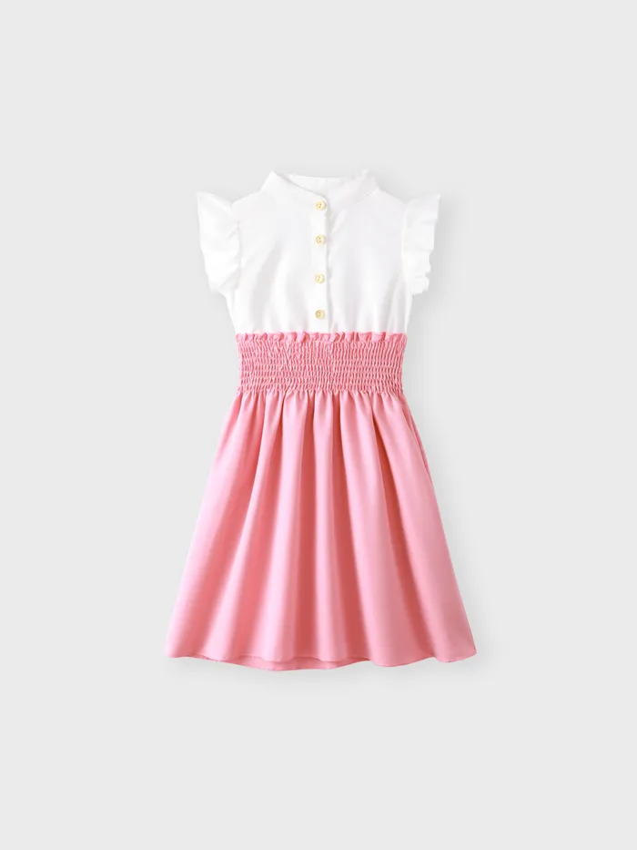 Kid Girl Button Design Smocked Splice Ruffled Flutter-sleeve Dress