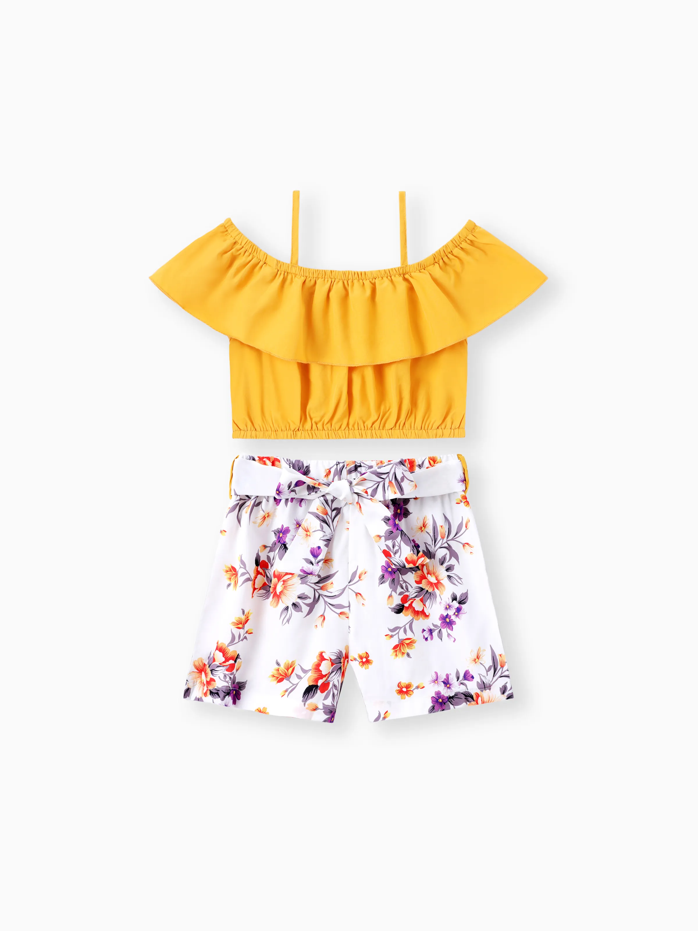 

2pcs Kid Girl Flounce Camisole and Floral Print Belted Shorts Set