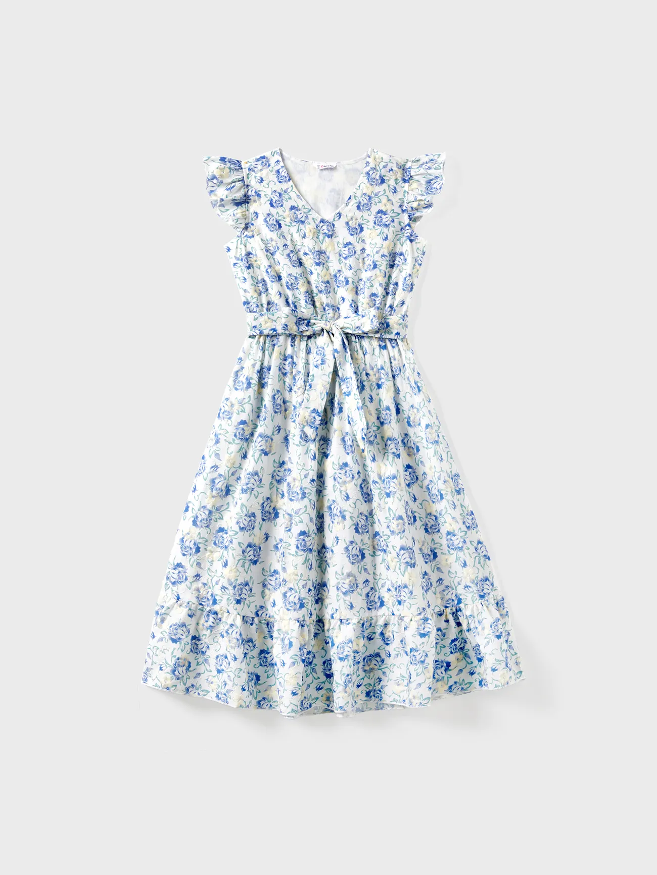 

Mommy and Me Blue Floral Flutter Sleeves Ruffle Hem Belted Dress