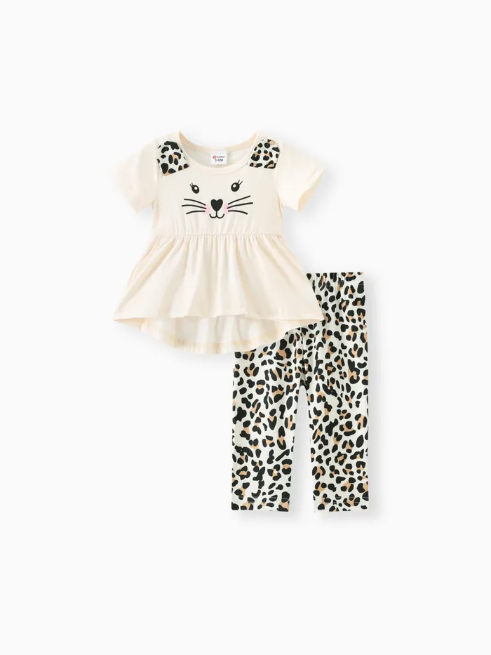 2pcs Baby Girl Cat Print Ruffle Hem Short-sleeve Top and Leopard Pants Set