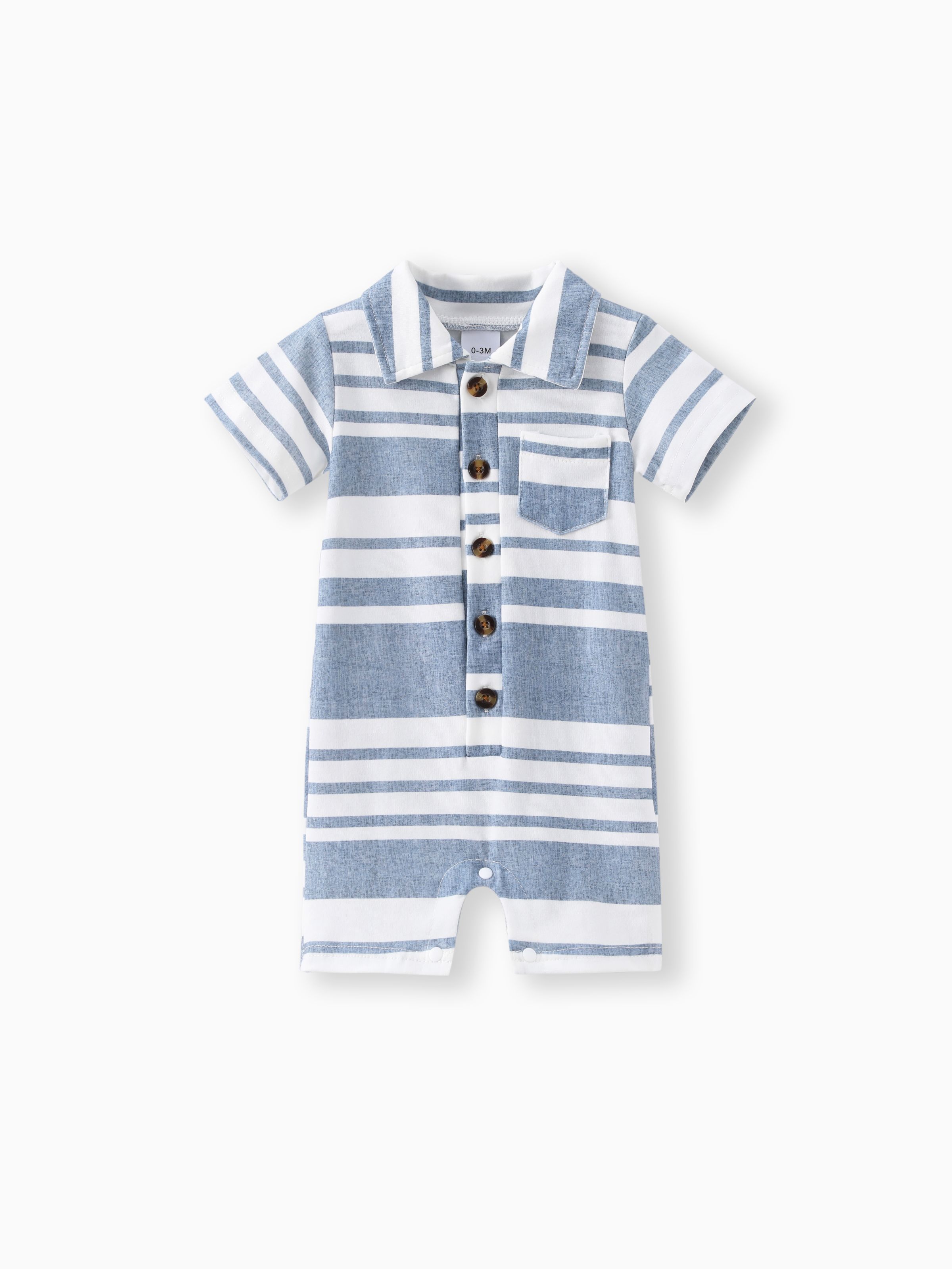 

Baby Boy Blue Striped Polo Neck Short-sleeve Button Front Romper