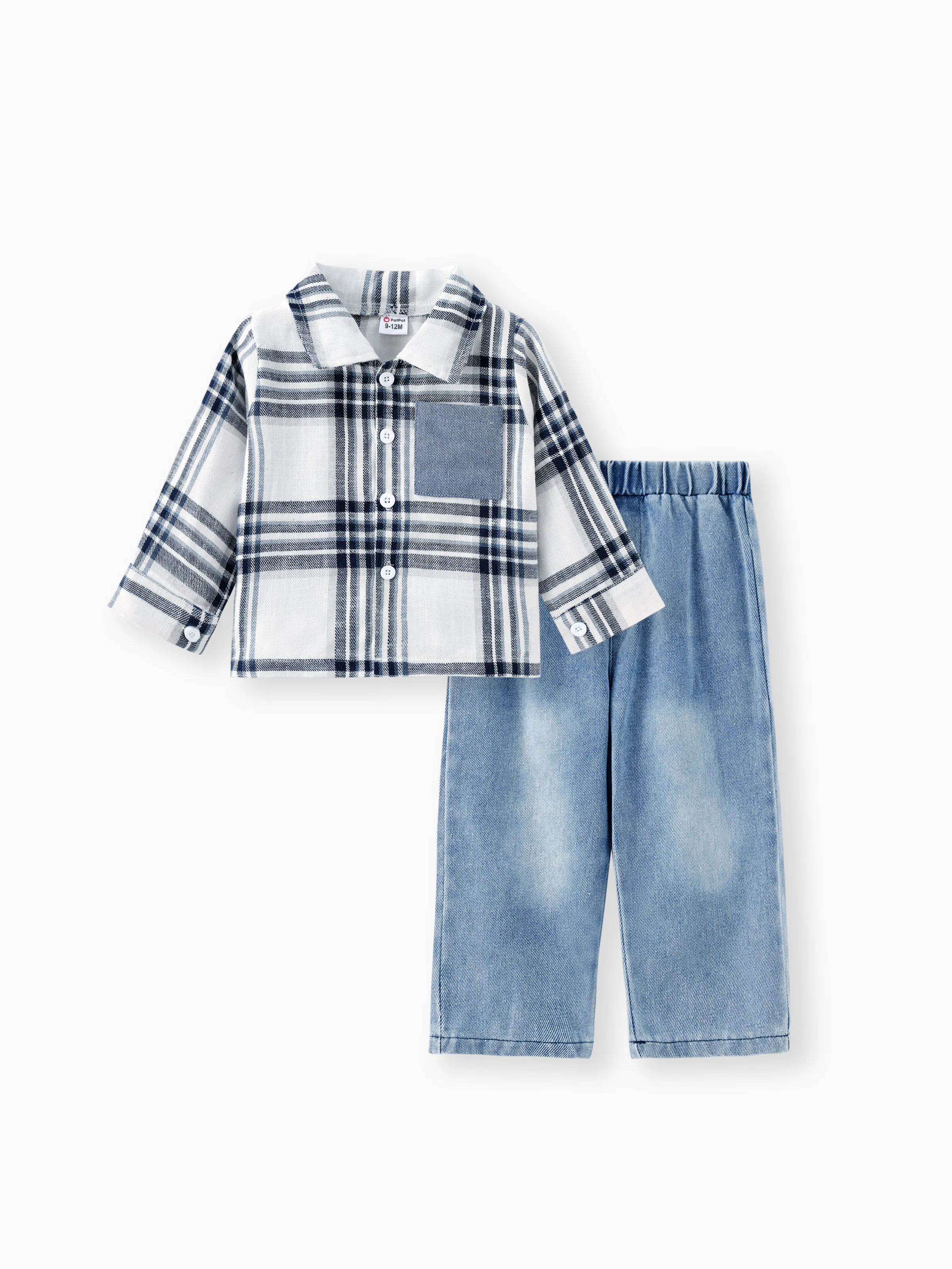 2pcs Baby Boy Patch Pocket Long-sleeve Plaid Shirt and Denim  Jeans Set 