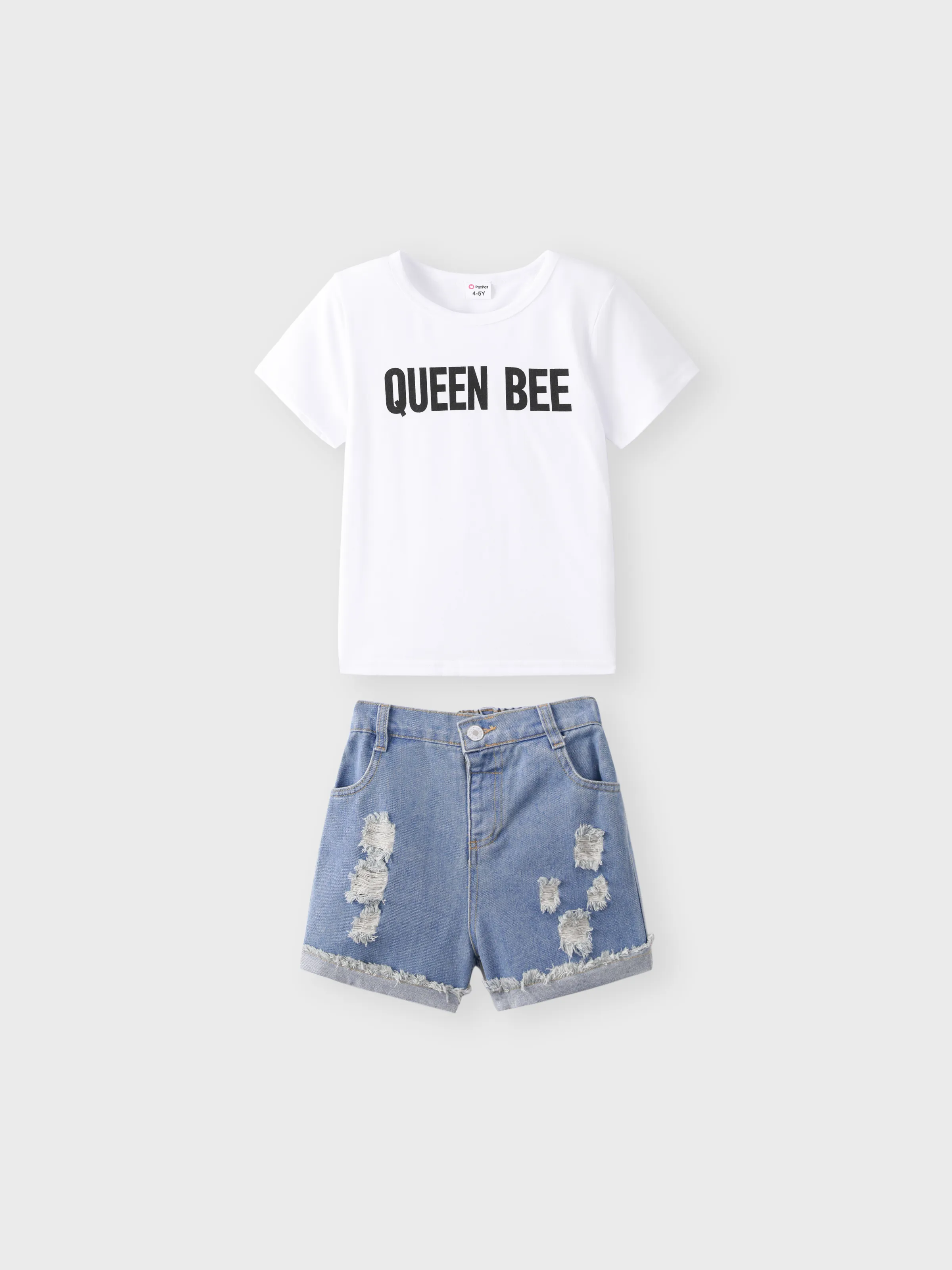 2pcs Kid Girl Letter Print Short-sleeve White Tee and Ripped Denim Shorts Set