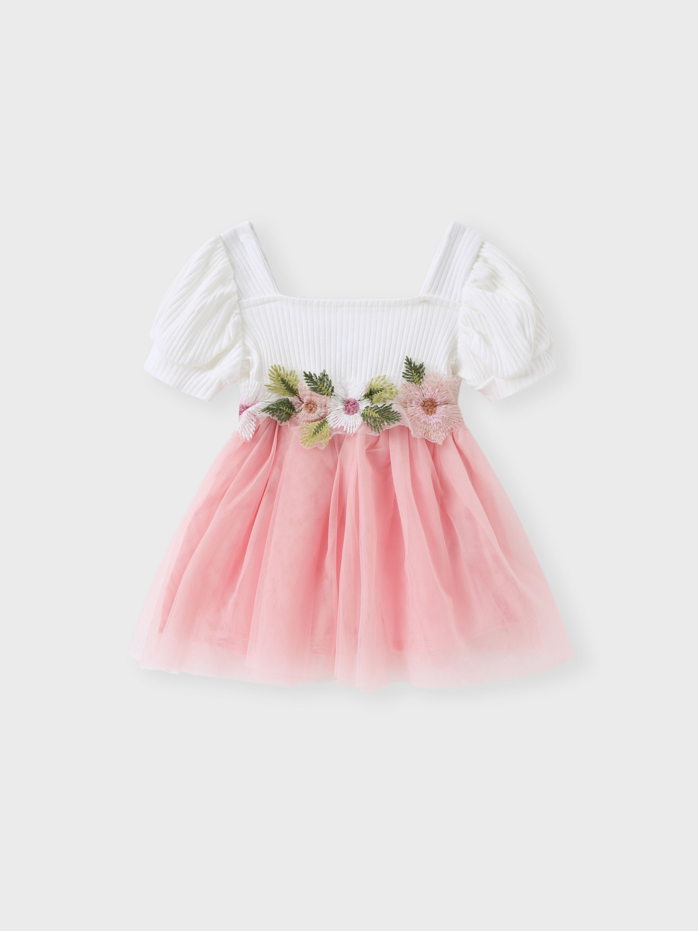 

Baby Girl 95% Cotton Ribbed Square Neck Puff-sleeve Spliced Floral Embroidered Mesh Fairy Dress
