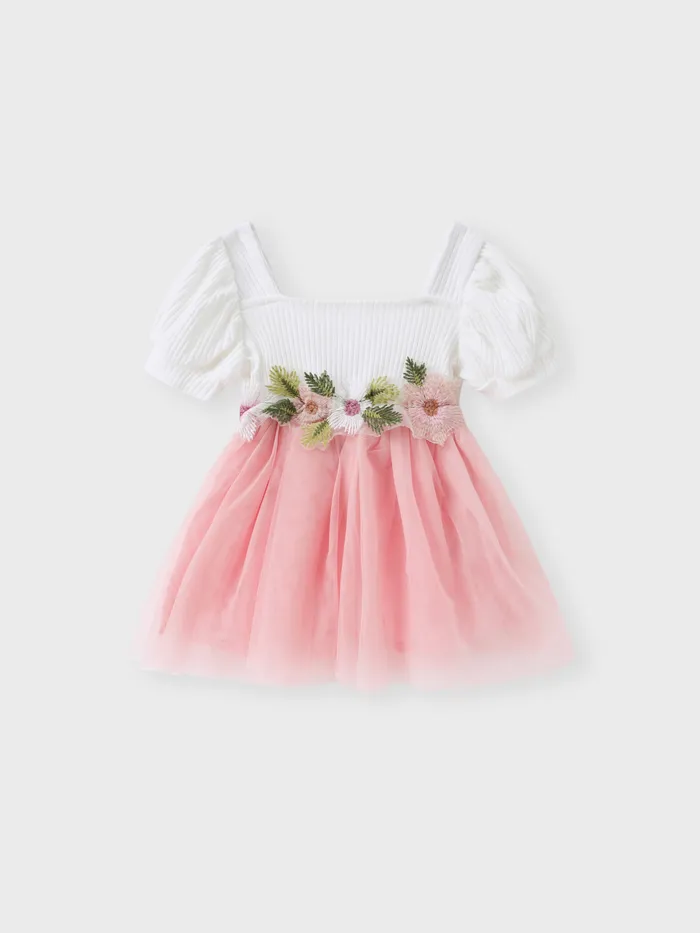 Baby Girl 95% Cotton Ribbed Square Neck Puff-sleeve Spliced Floral Embroidered Mesh Fairy Dress