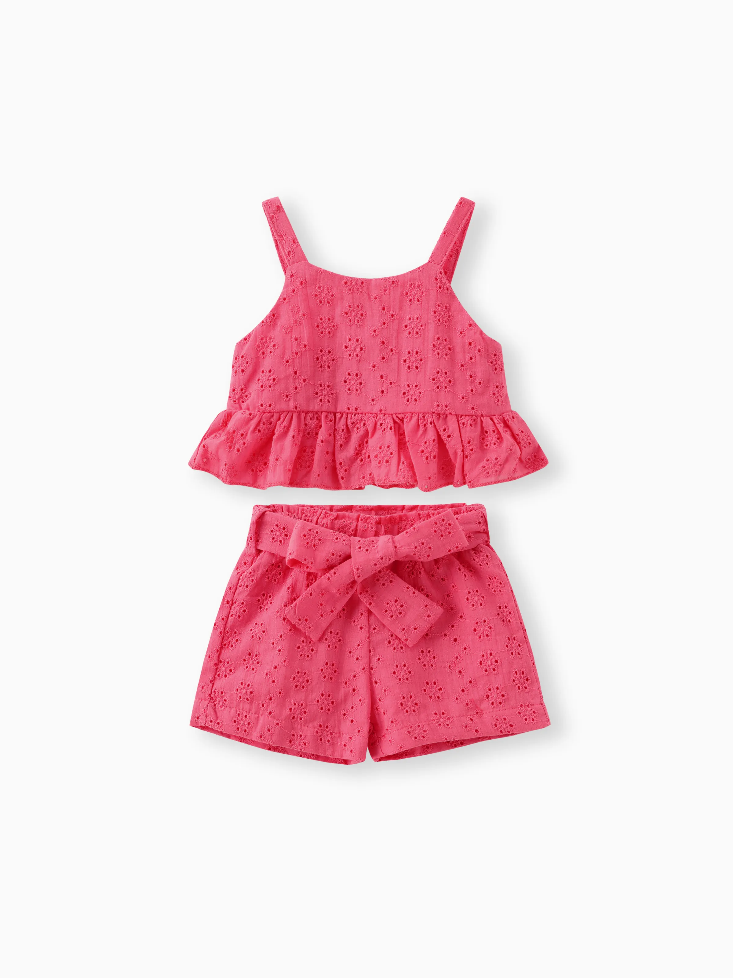 

3pcs Baby Girl Solid Eyelet Embroidered Ruffle Hem Crop Tank Top and Shorts & Belt Set