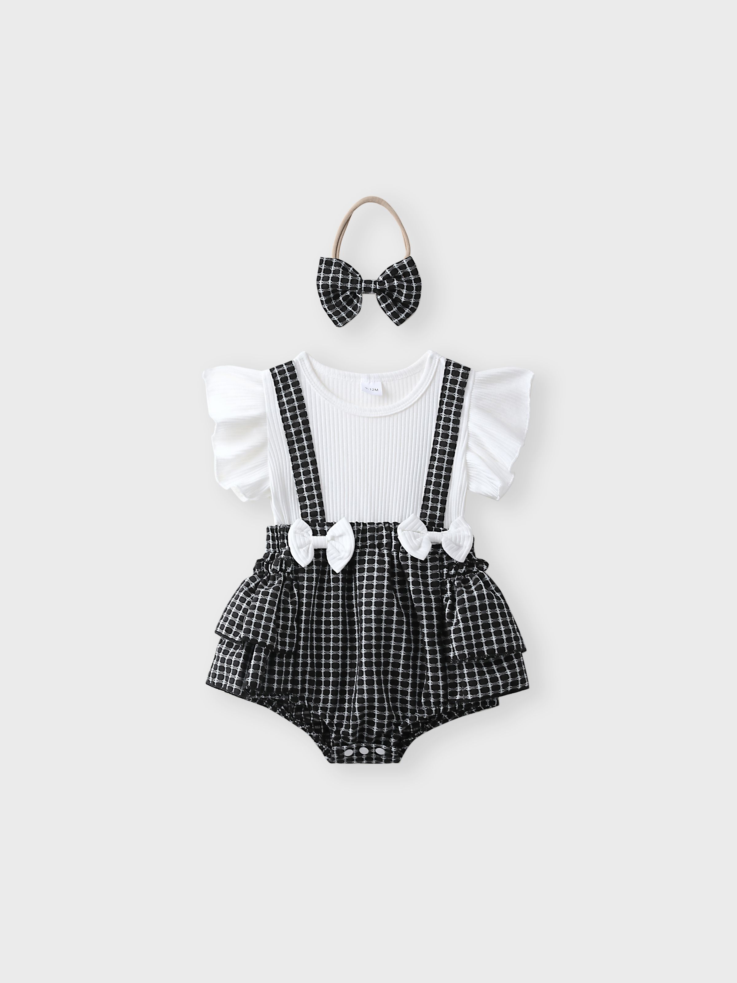 

Little CoCo&Gentlemen - Baby Girl Bowknot Grid Ruffled Romper with Headband