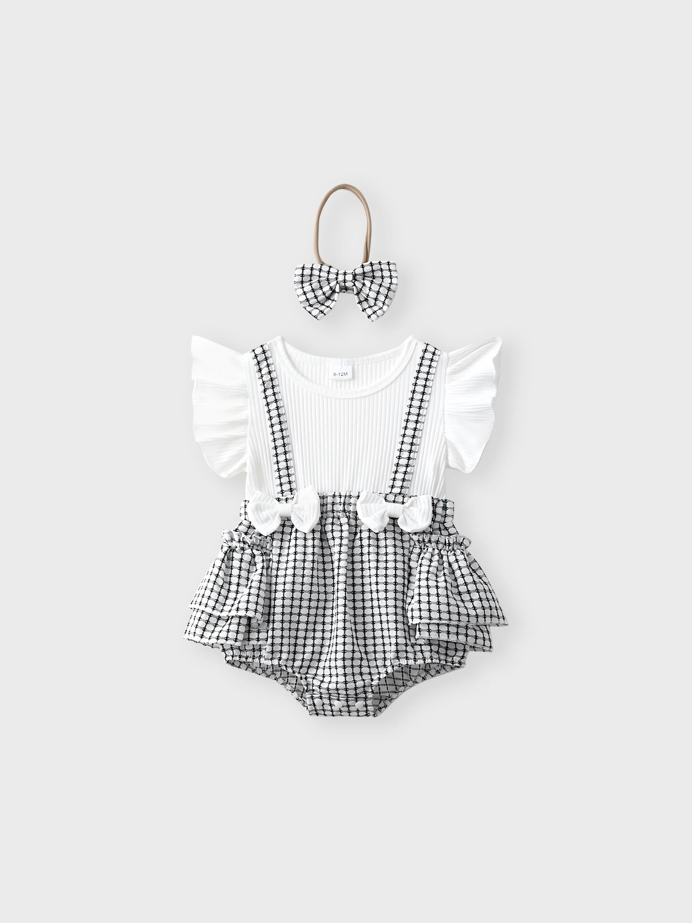 

Little CoCo & Gentlemen - Baby Girl Bowknot Grid Ruffled Romper with Headband