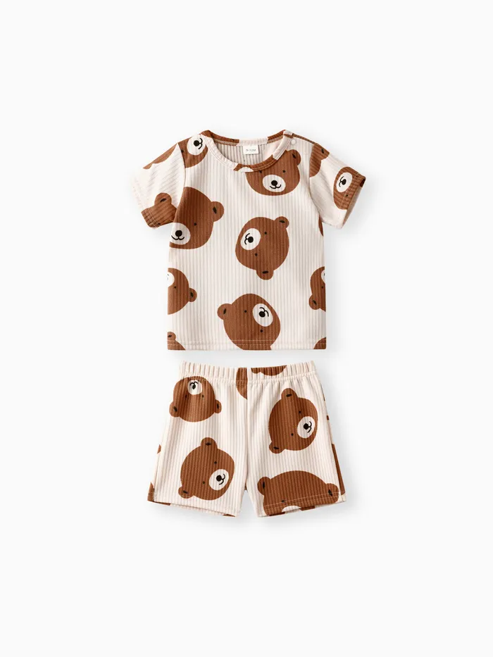 2pcs Baby Boy/Girl Ribbed Short-sleeve All Over Cartoon Bear Print Top and Shorts Set