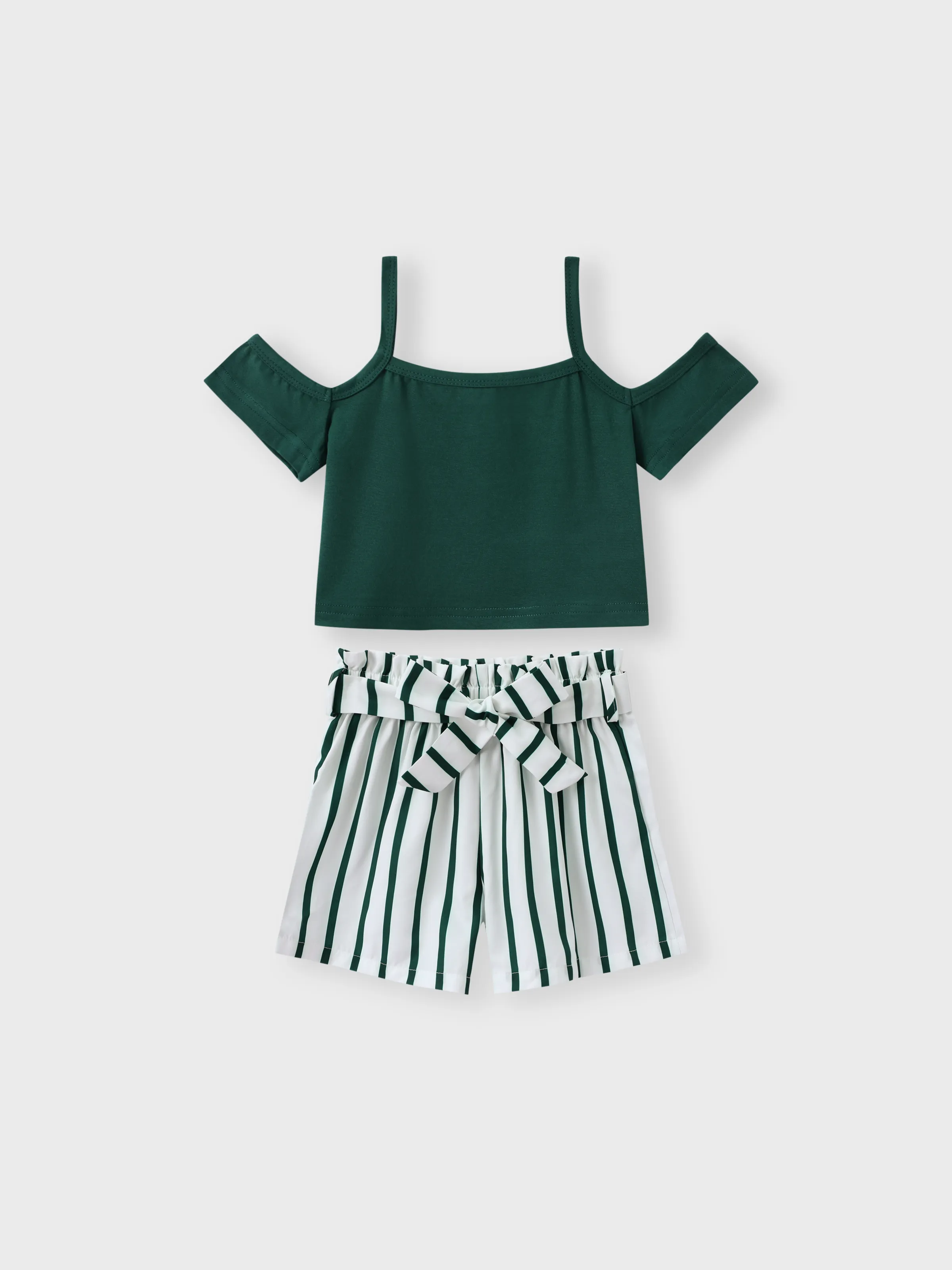 

2Pcs Kid Girl Cold Shoulder Camisole & Belted Stripe Shorts Set