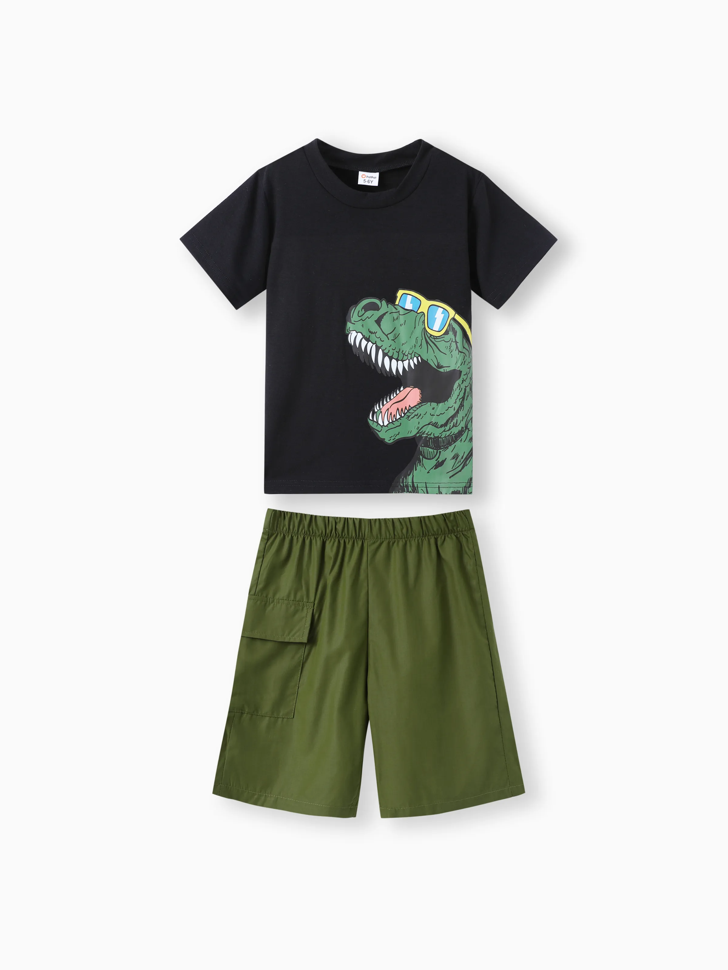 2pcs Kid Boy Dinosaur Print Short-sleeve Tee and Pocket Design Shorts Set