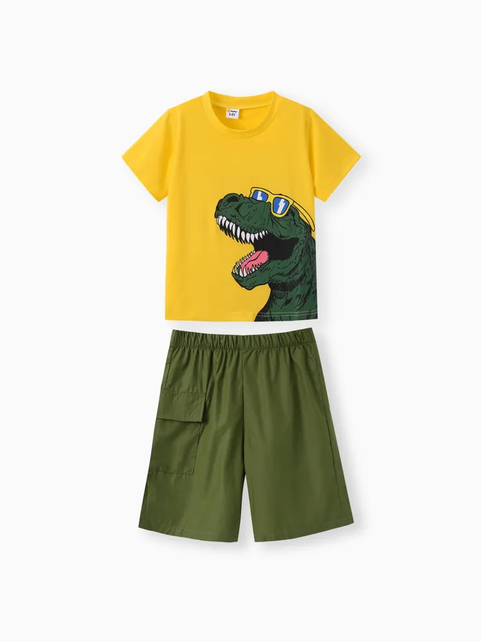 2pcs Kid Boy Dinosaur Print Short-sleeve Tee and Pocket Design Shorts Set