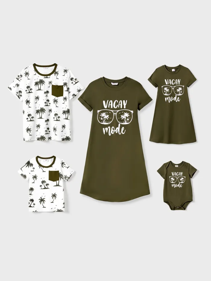 Family Matching Sets Allover Printed T-Shirt and Army Green Glasses Pattern T-Shirt Dress with Pockets 