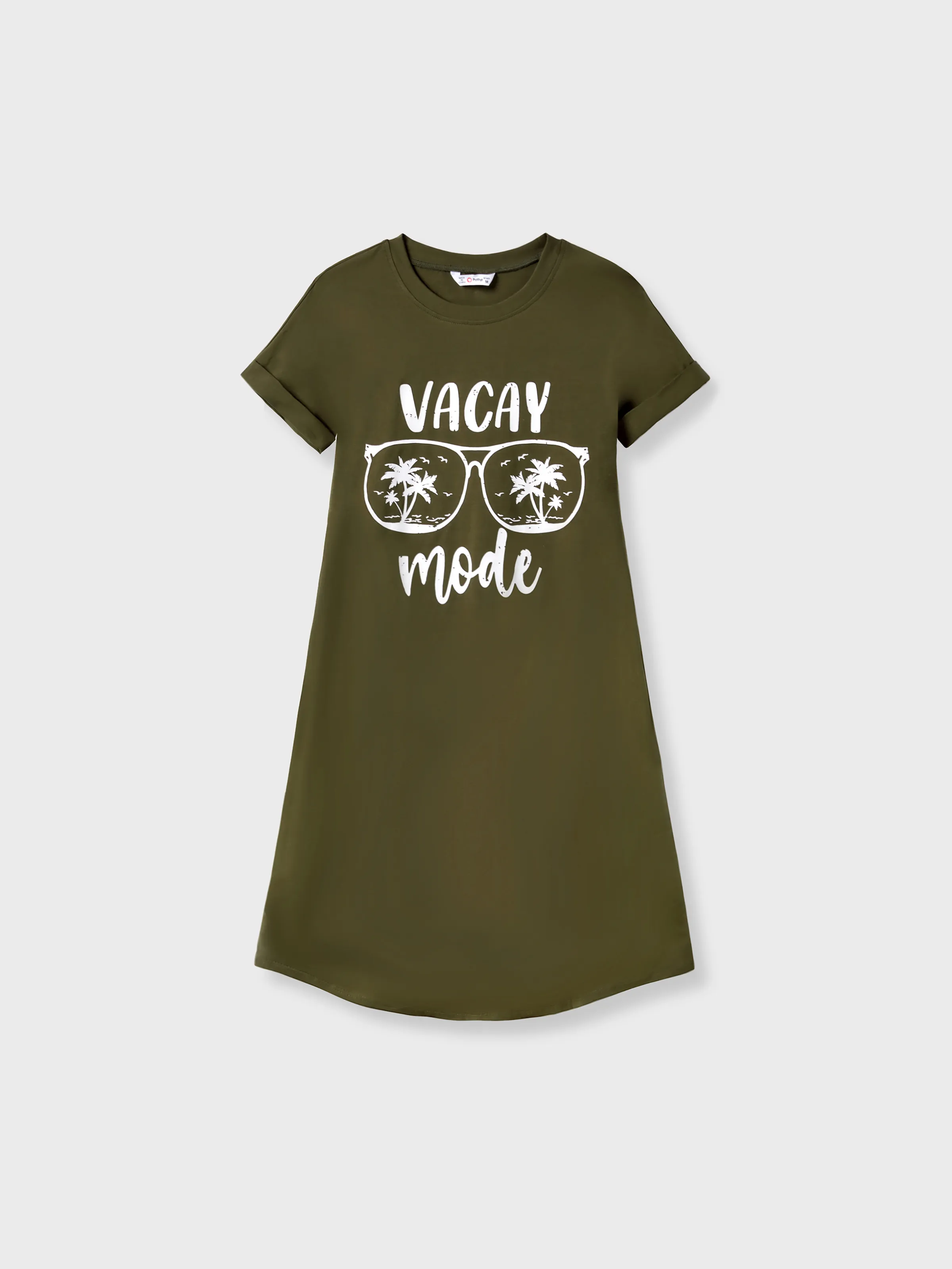

Family Matching Sets Allover Printed T-Shirt and Army Green Glasses Pattern T-Shirt Dress with Pockets