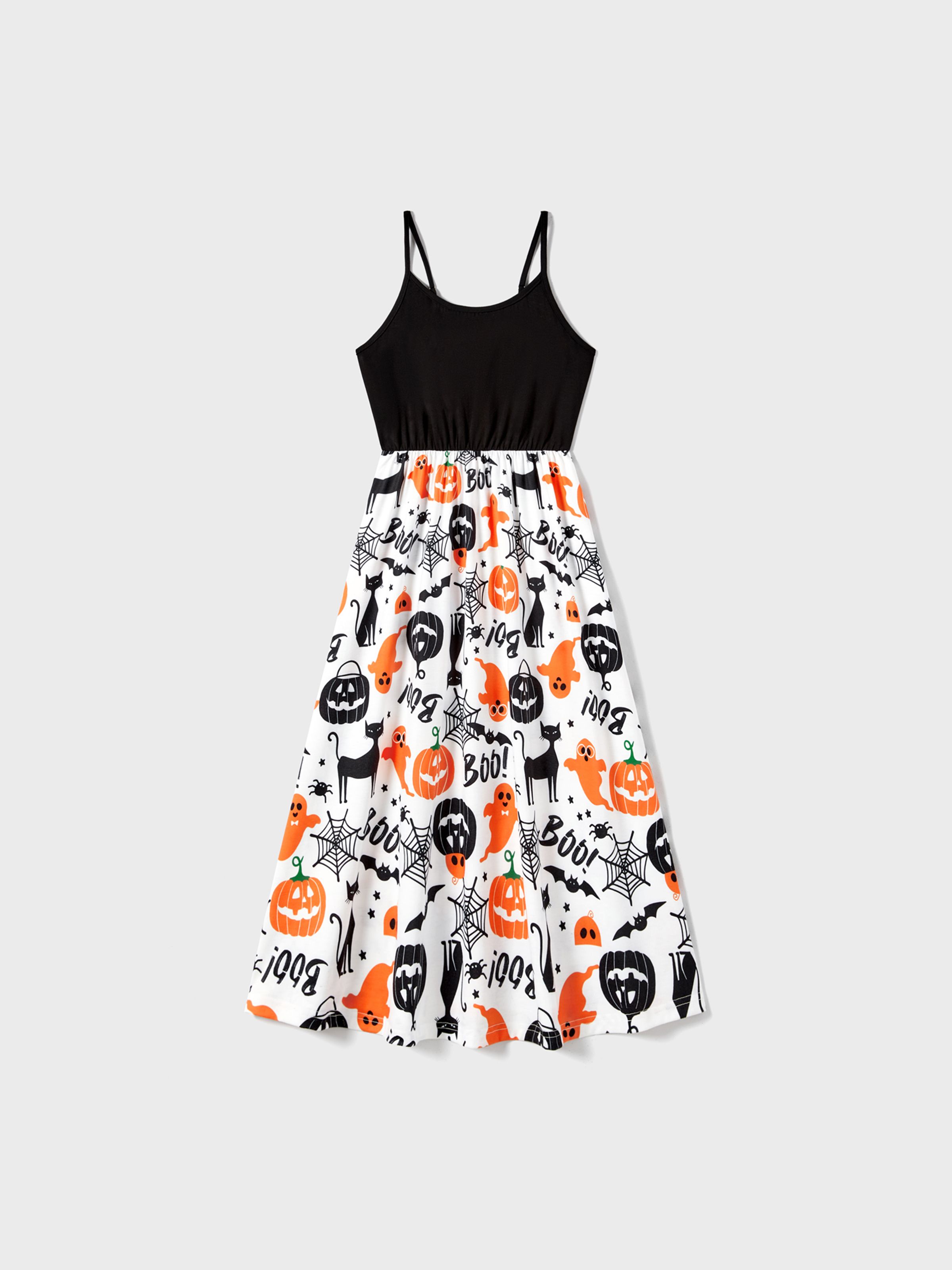 

Halloween Fmaily Matching Spaghetti Strap Pumpkin Sleeveless Dresses and Short Sleeve Tops Sets