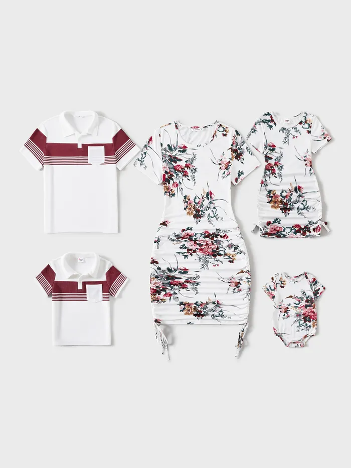 Family Matching All Over Floral Print Short-sleeve Drawstring Ruched Bodycon Dresses and Colorblock Short-sleeve T-shirts Sets