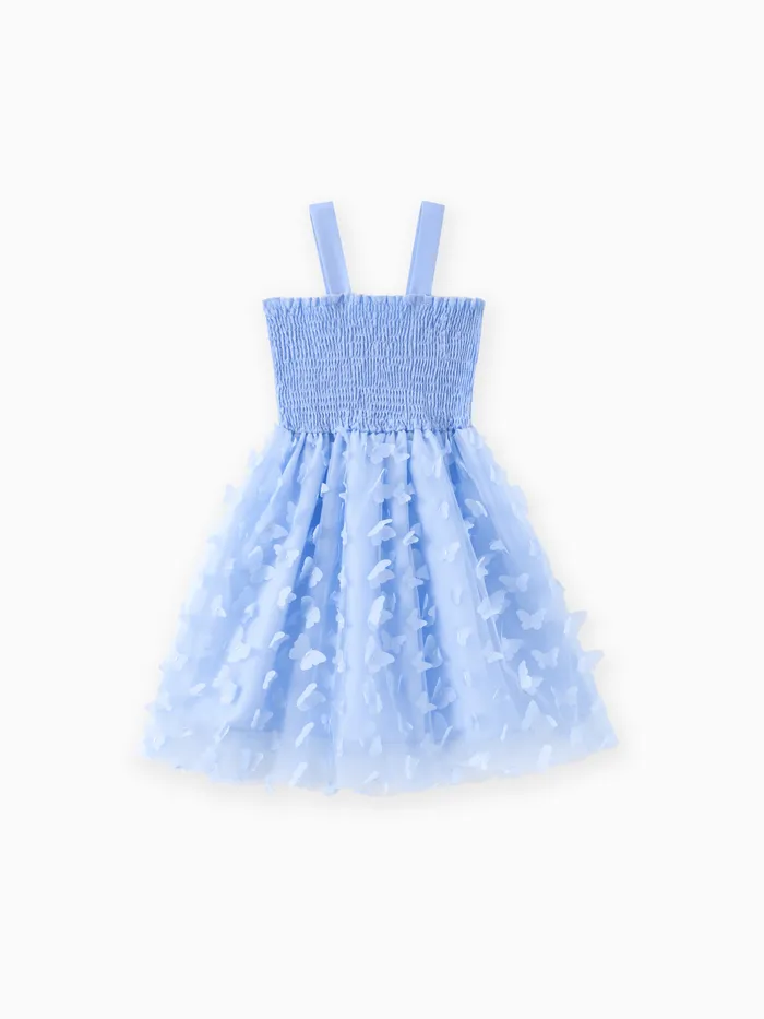 Kid Girl 3D Butterfly Design Mesh Splice Smocked Slip Fairy Dress