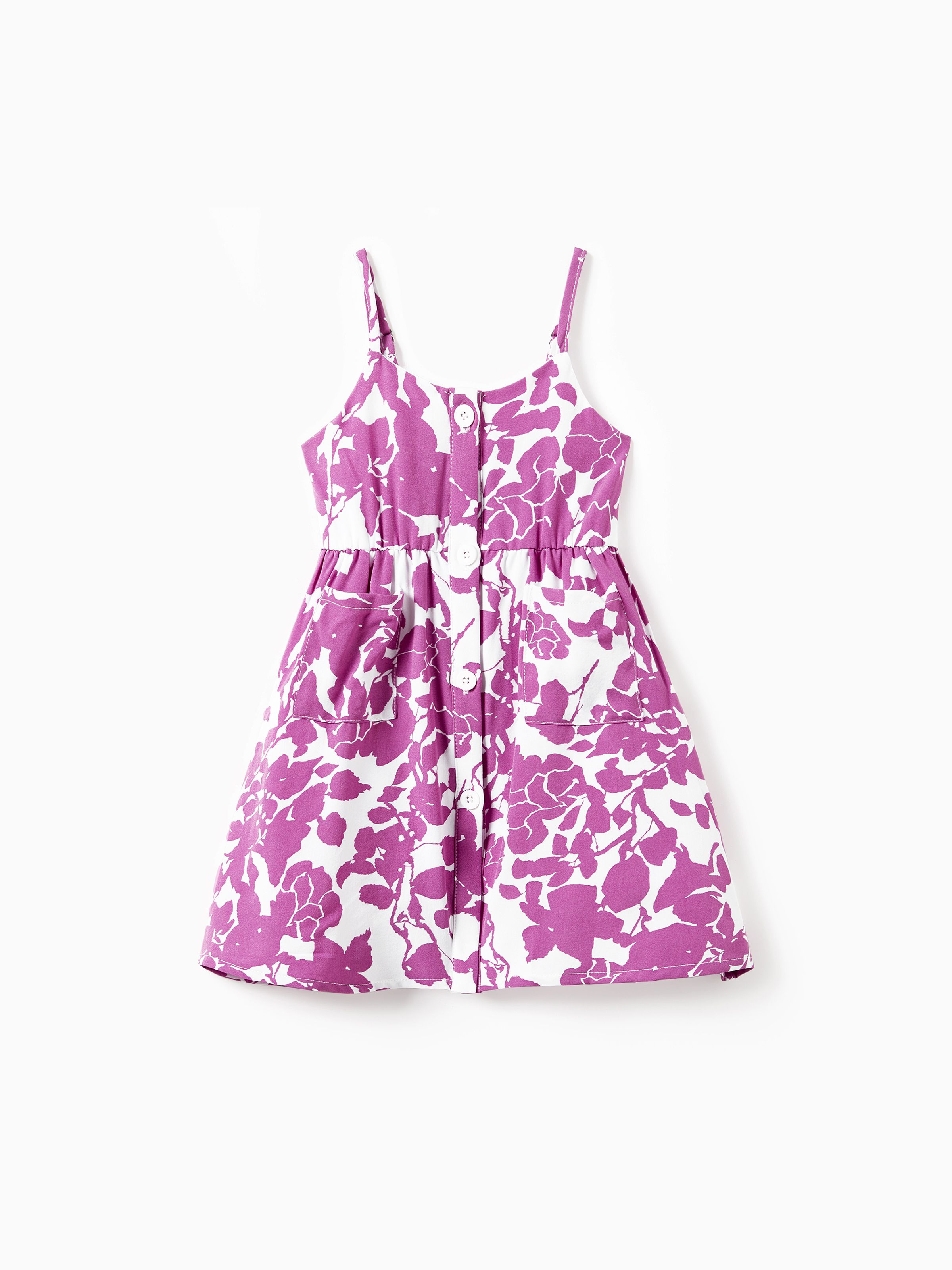 

Mommy and Me Purple Floral Button Up Strap Dresses with Pockets