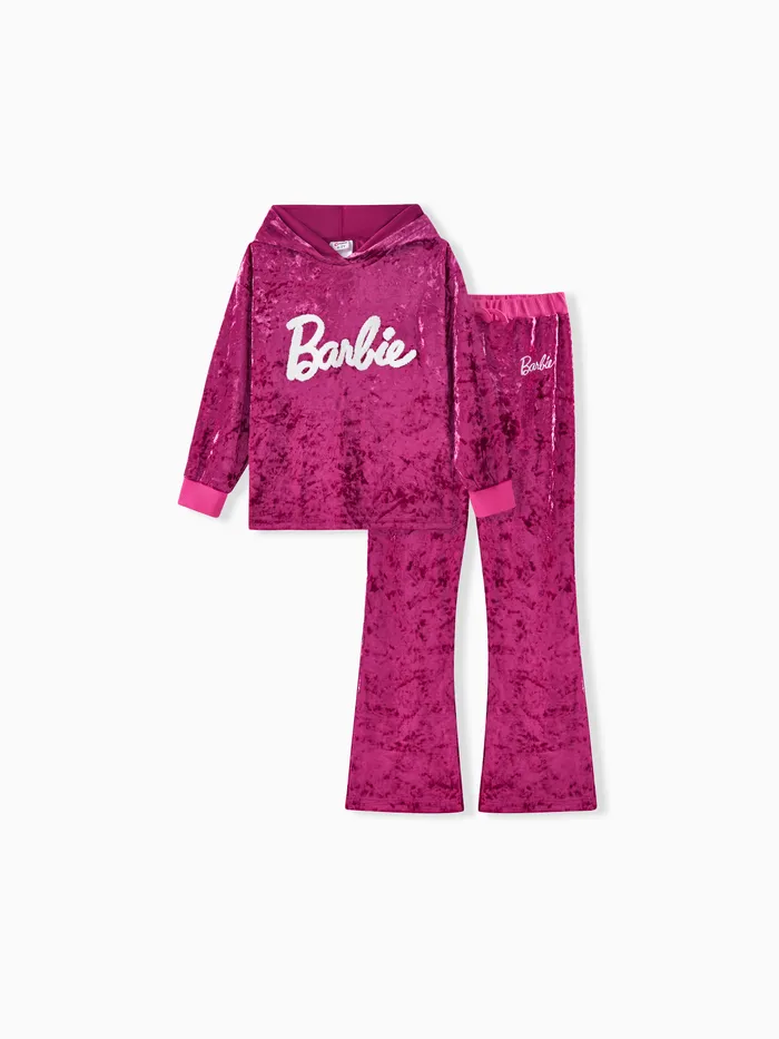 Barbie Kid Girl 2pcs Letter Embroidered Long-sleeve Hoodie and Pants Set 