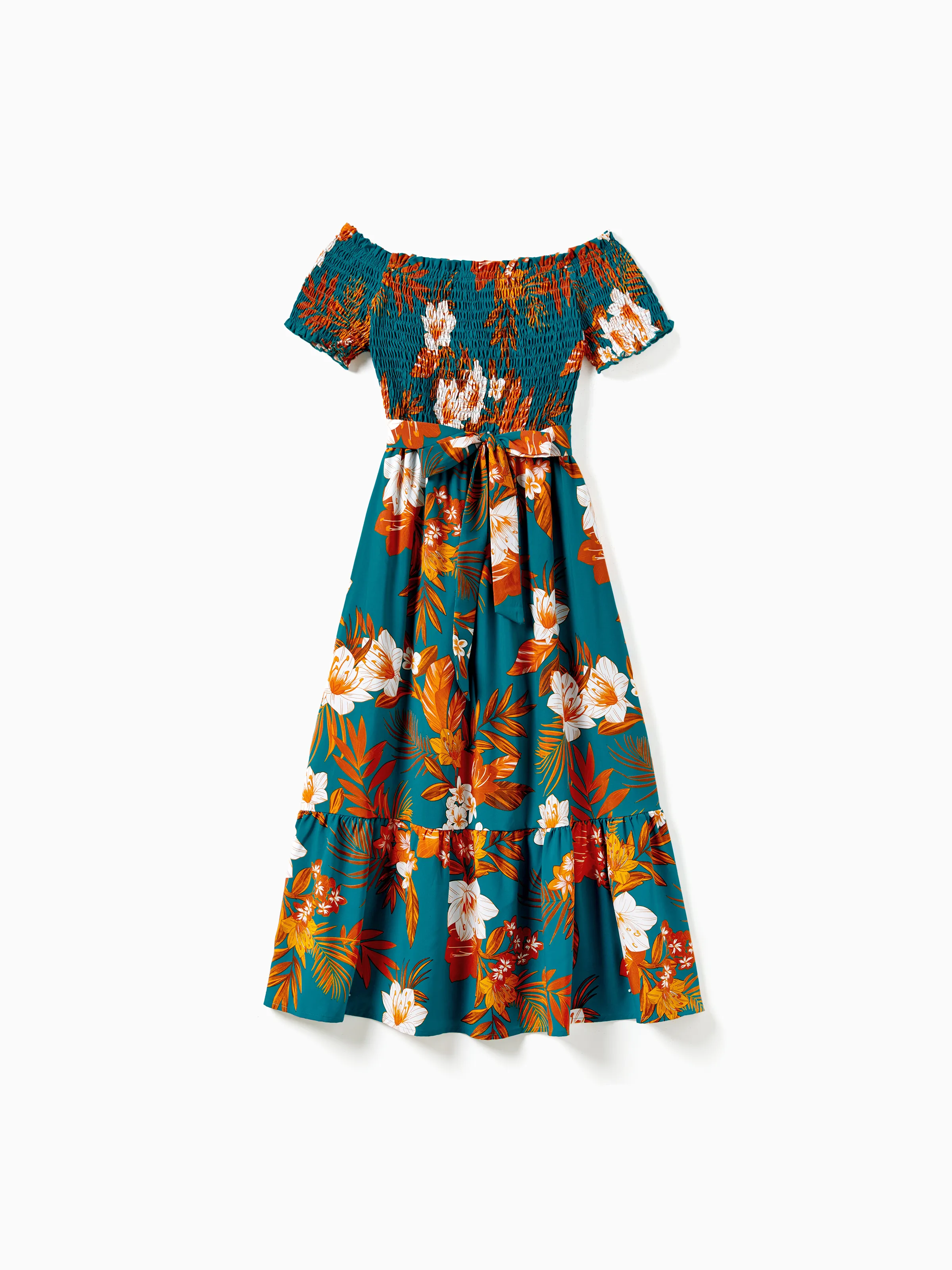 

Family Matching Color Block Tee and Floral Shirred Ruffle Hem Dress Sets