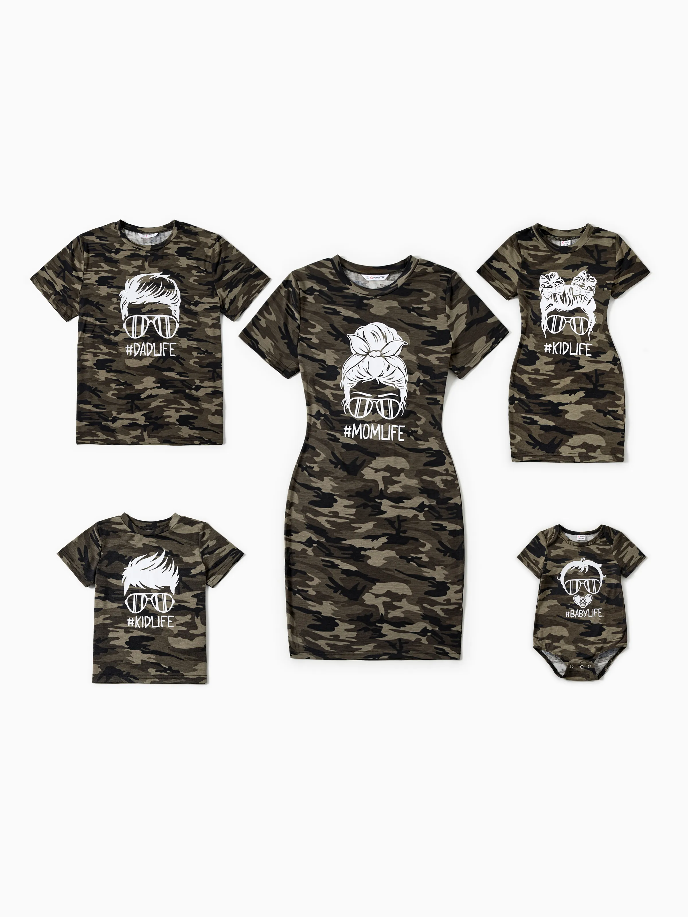 Family Matching Portrait Printed Camo Tee and Bodycon Dress Sets