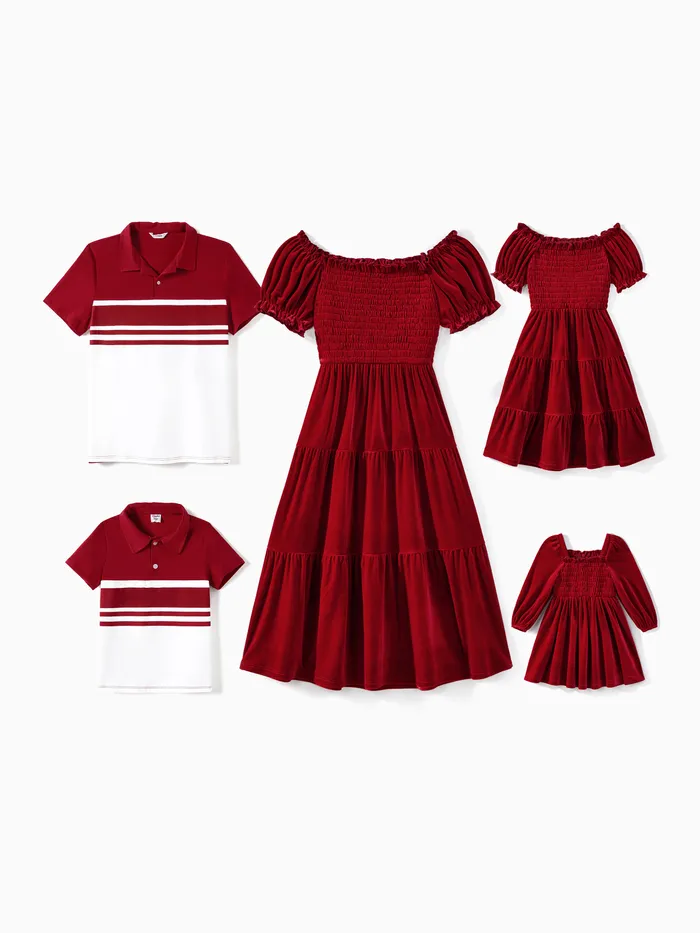 Family Matching Solid Shirred Tiered Velet Dresses and Short-sleeve Colorblock Shirts Sets