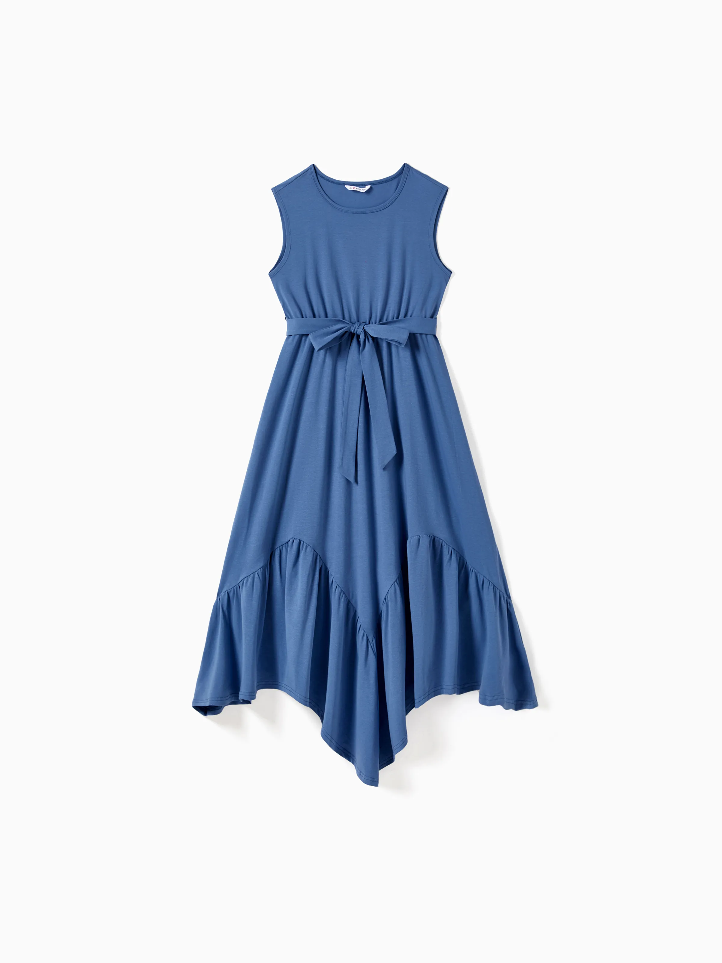 

Mommy and Me Blue Irregular Hem Flounced Belted Tank Top Dress