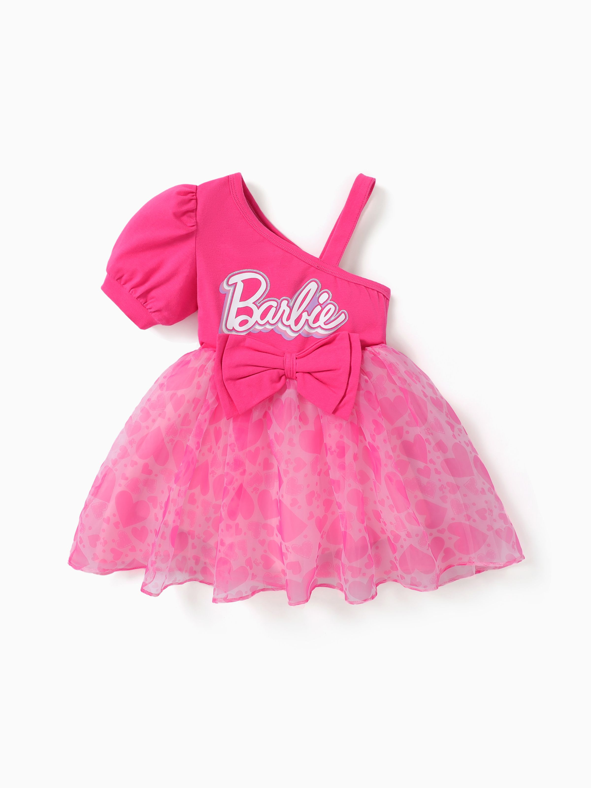 芭比娃娃 1 件裝幼兒女孩心形蝴蝶結單肩喇叭形網眼連衣裙