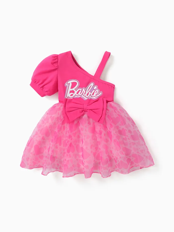 Barbie 1 pz Bambino Ragazze A forma di cuore Bowknot One-Shoulder Flare Mesh Dress

