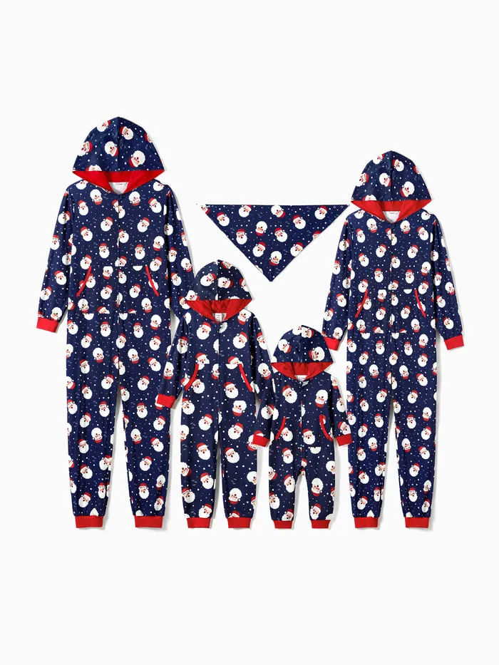 Christmas Santa Allover Print Family Matching Long-sleeve Hooded Onesies Pajamas Sets (Flame Resistant)