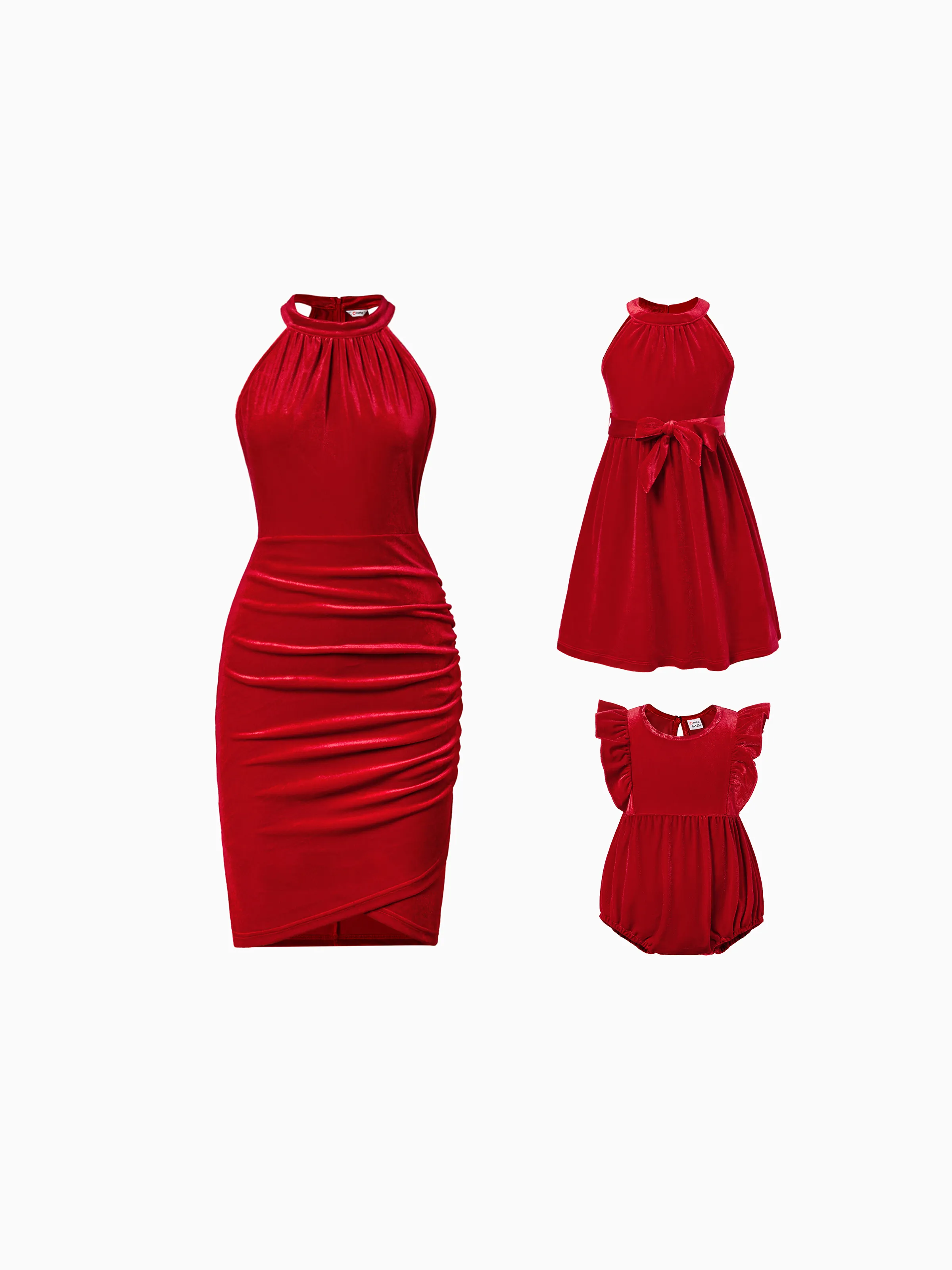 Mommy and Me Red Dresses Velvet - Women's Halter Neck Dress Tight & Girls Party Dress