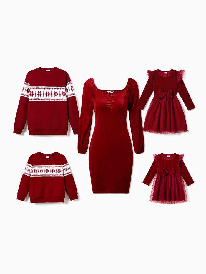 Christmas Family Matching Long Sleeve Color-block Tops & Velvet Dresses Sets