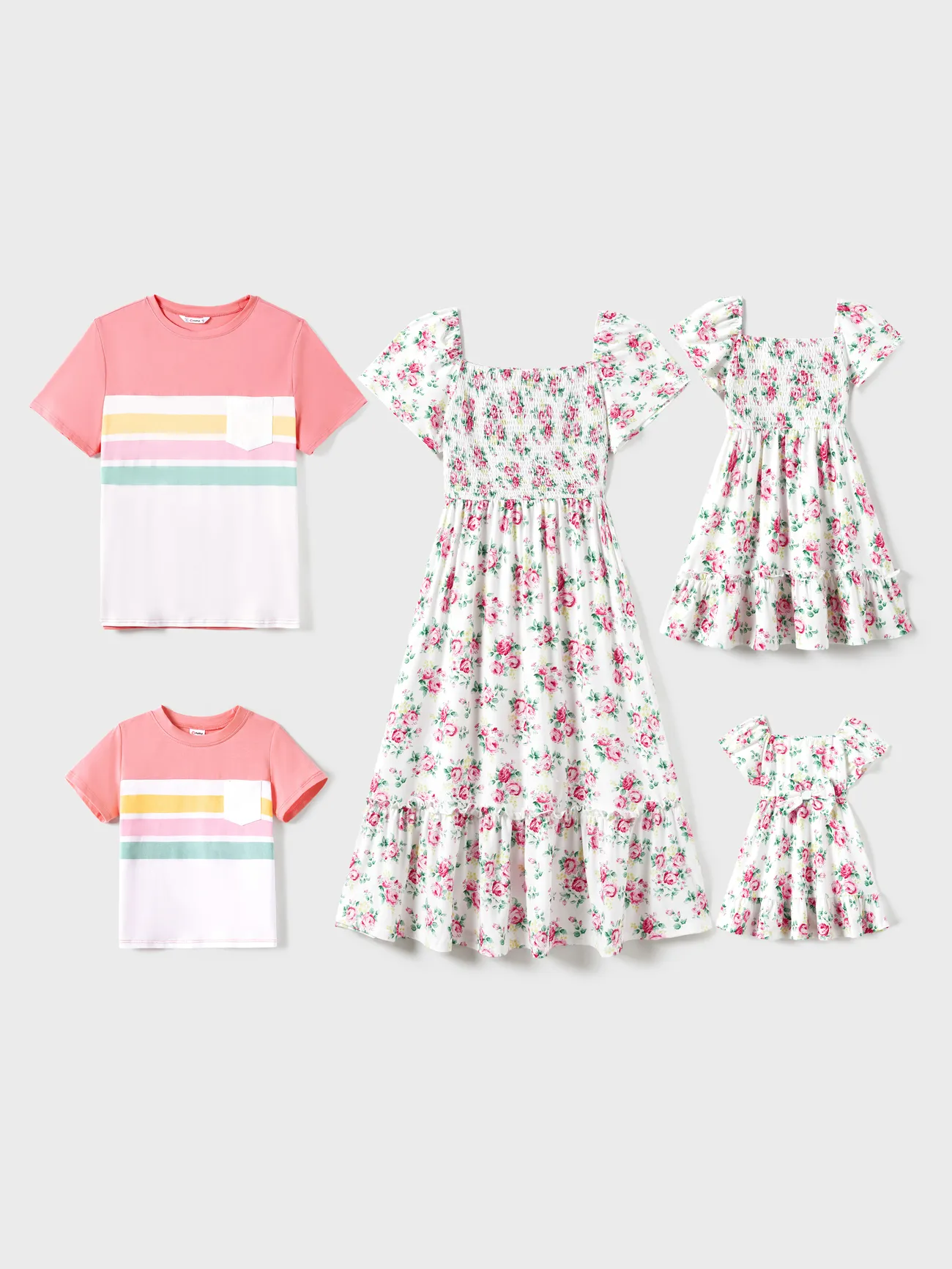 Famiglia Matching Color Block Tee e Ditsy Floreale arricciato Top Dress Set