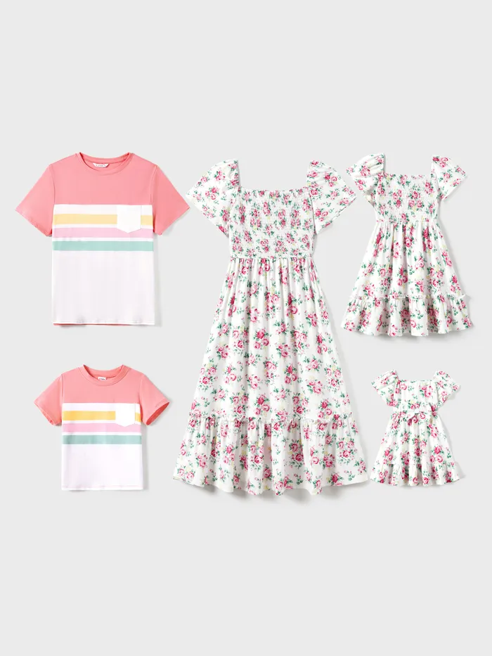 T-shirt à blocs de couleurs assortis de la famille et ensembles de robes haut froncées à fleurs Ditsy