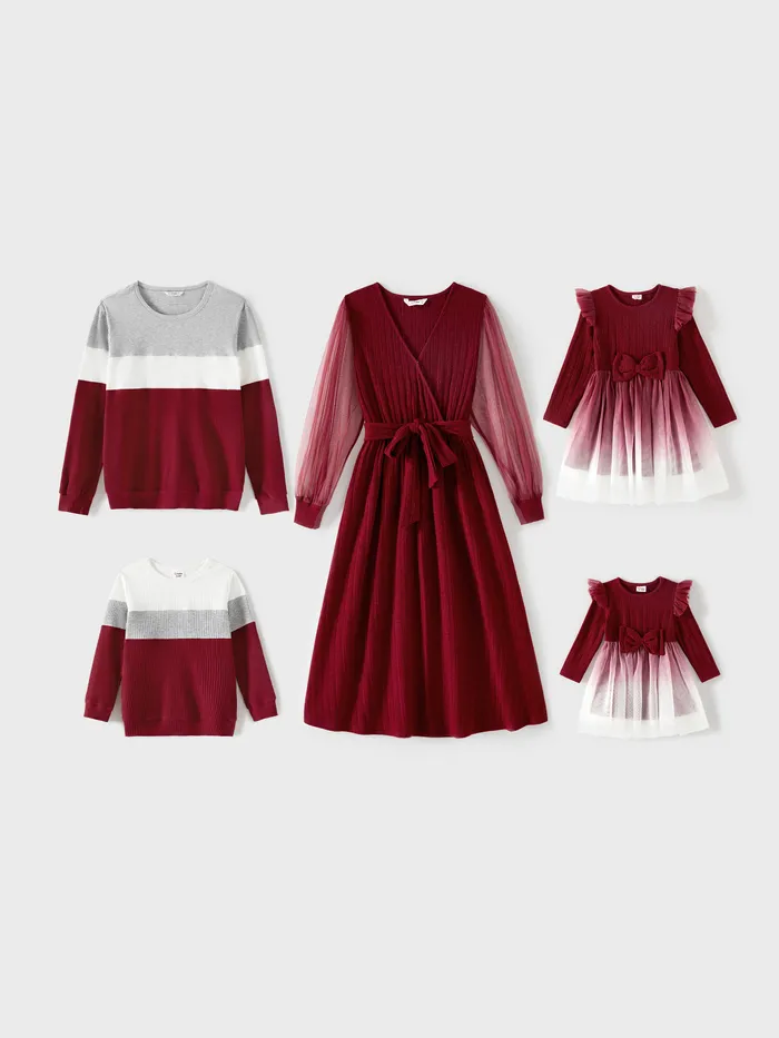 Family Matching Color-block Tops and Flutter Mesh Dresses Sets