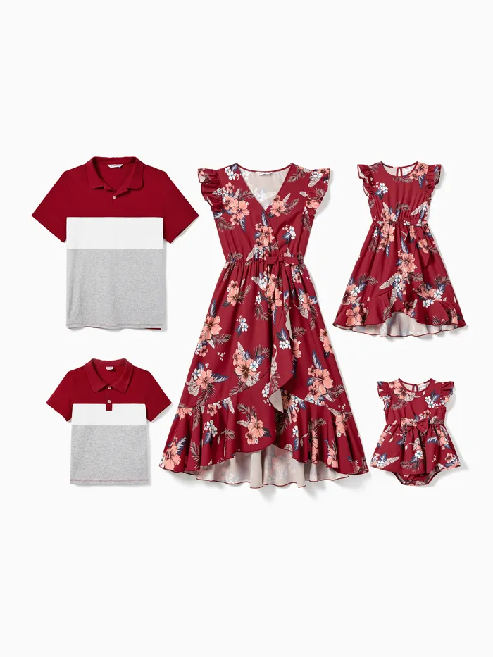 Family Matching Colorblock Polo Shirt and Floral Ruffle Hem Wrap Dress Sets