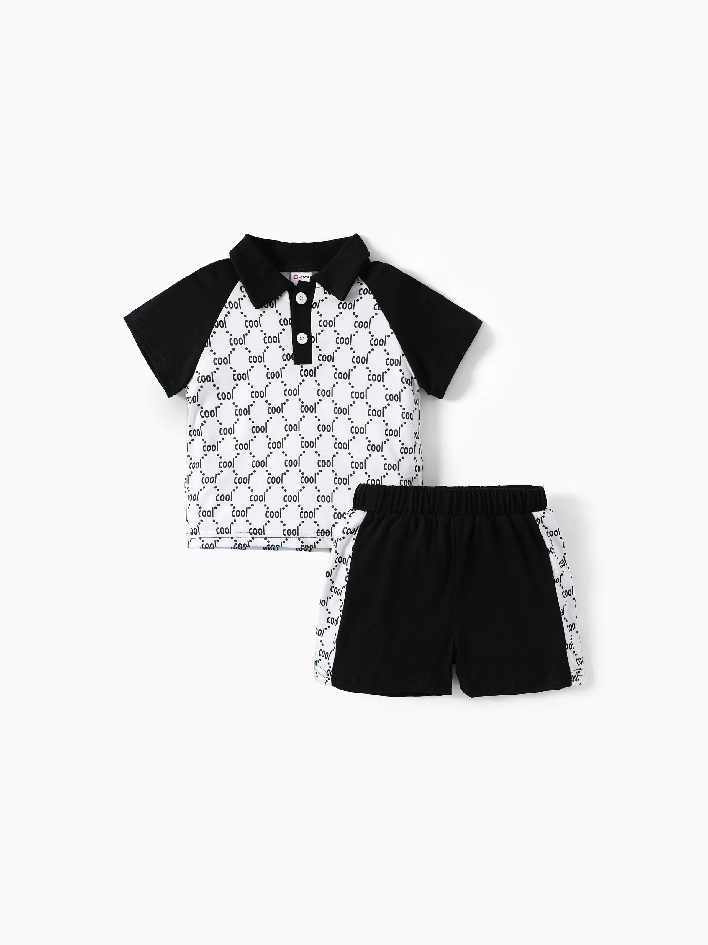 

Boy's Short Sleeve Shirt and Black Shorts Set, Avant-garde Style with Shirt Collar, 2pcs