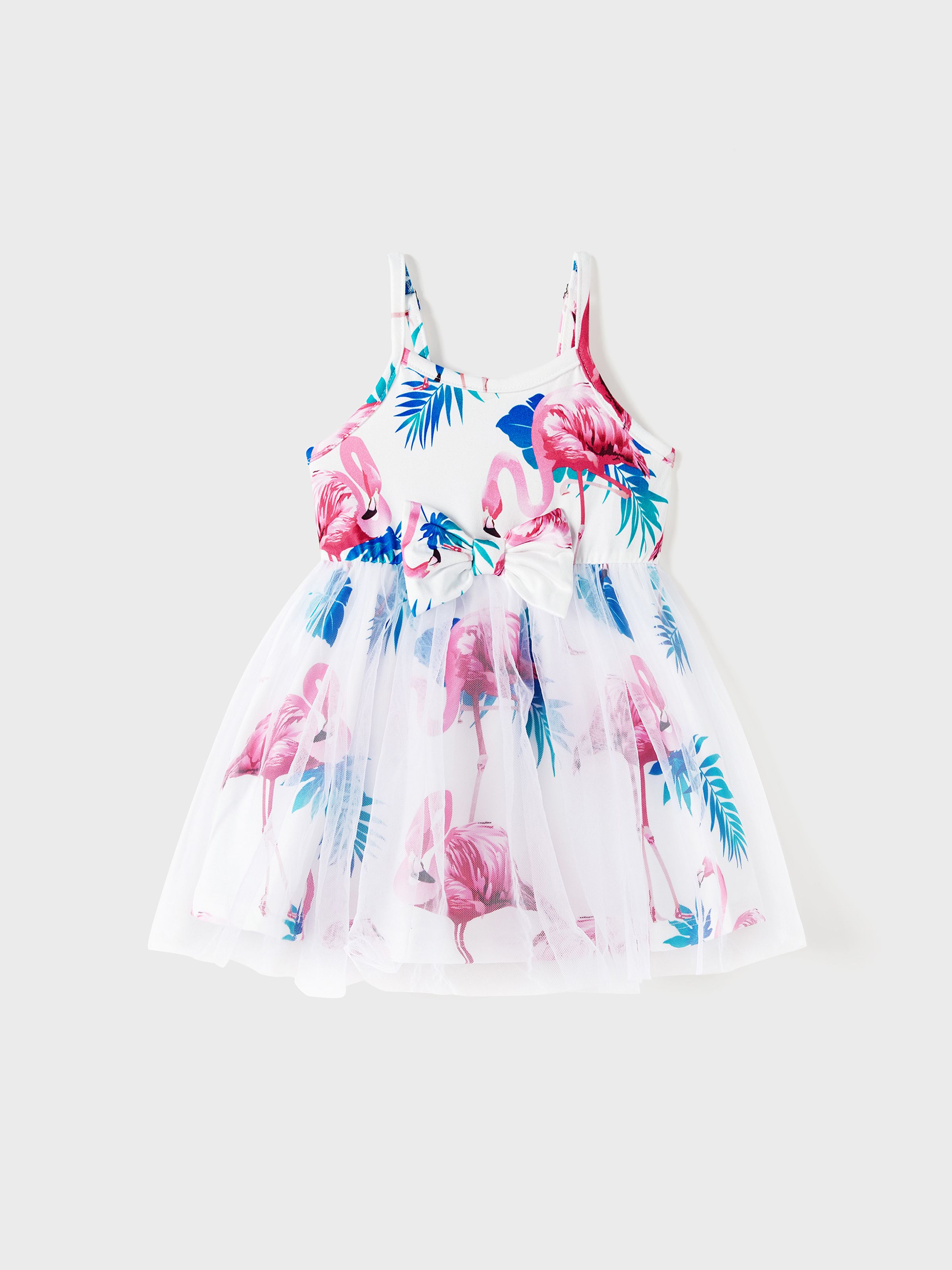 

Family Matching Sets Color Block Short-Sleeve Tee and Flamingo Print Ruched Strap Drawstring Sides Strap Dress