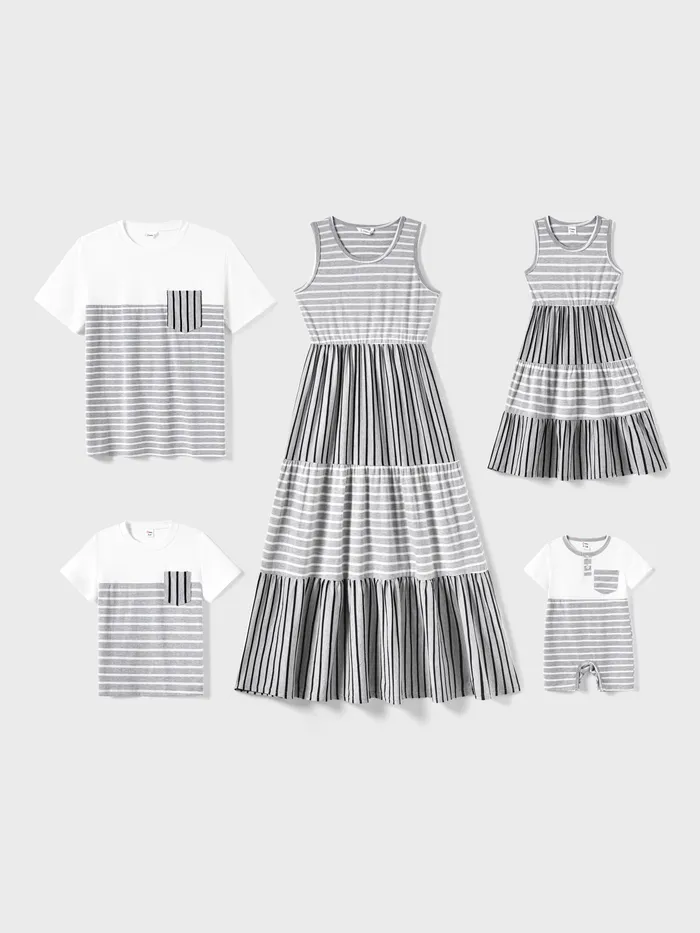 Family Matching Stripe Cotton Tee and Tank Top Dress Sets