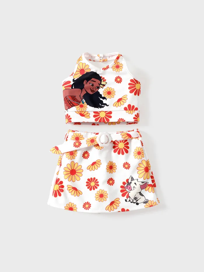 迪士尼公主蹣跚學步的女孩愛麗兒/莫阿娜 2 件角色印花掛脖上衣與花卉裙子套裝