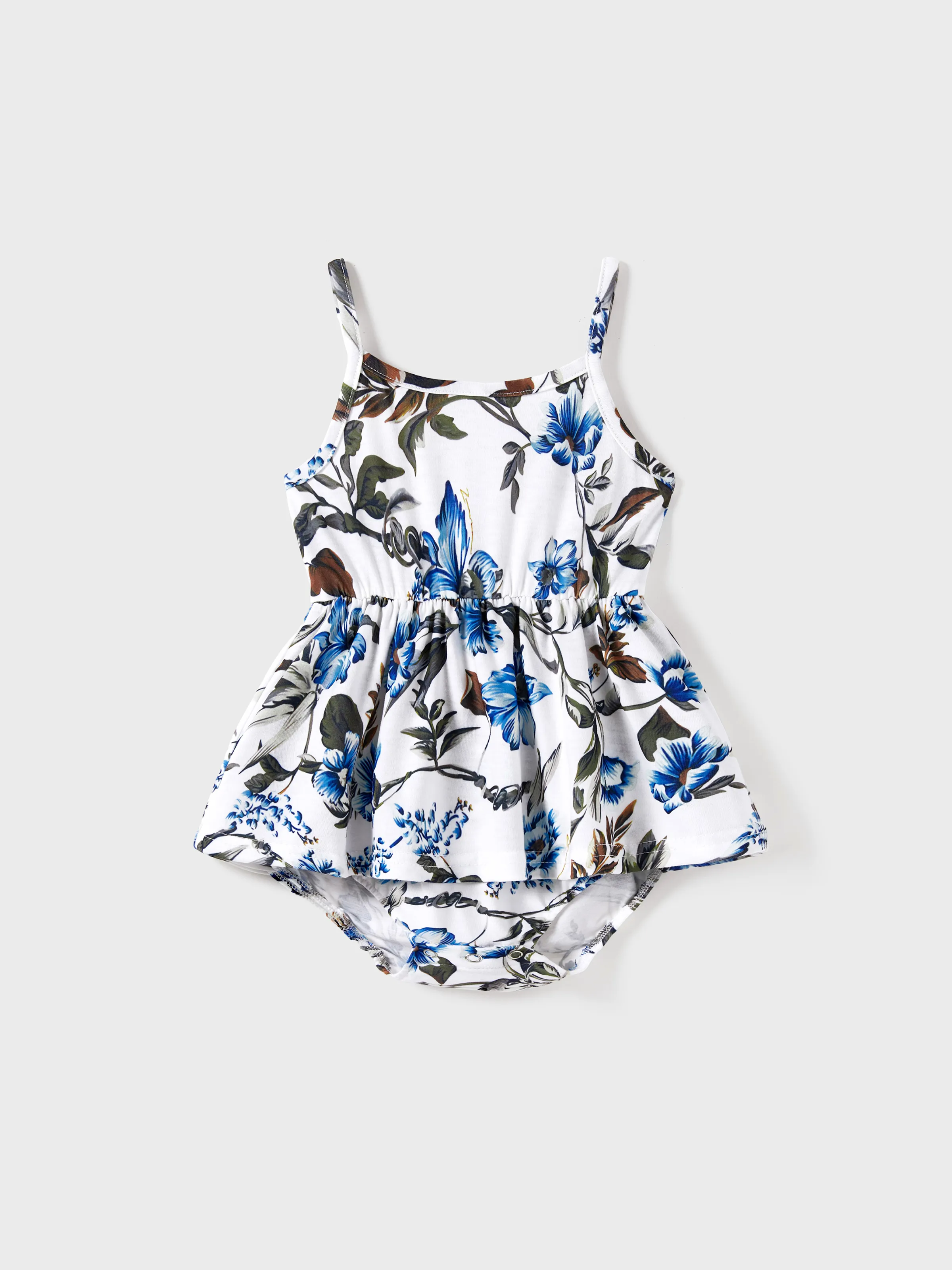

Family Matching Color Block Tee and Allover Floral Button Up A-Line Strap Dress Sets