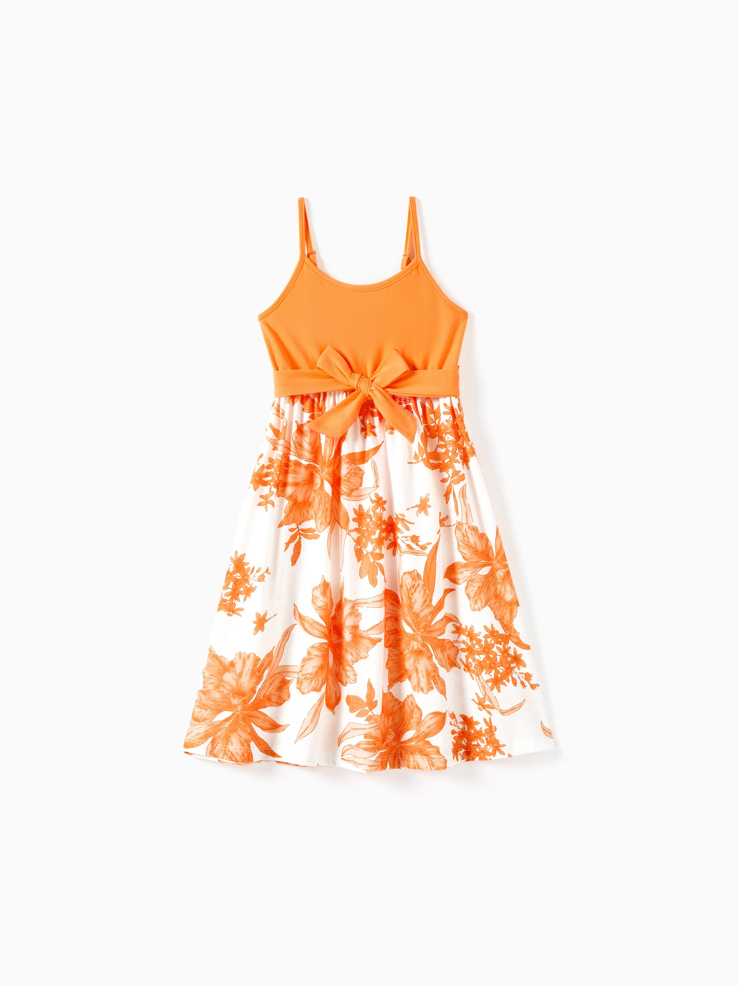 

Family Matching Orange Tee and Cami Top Spliced Belted Dress Sets