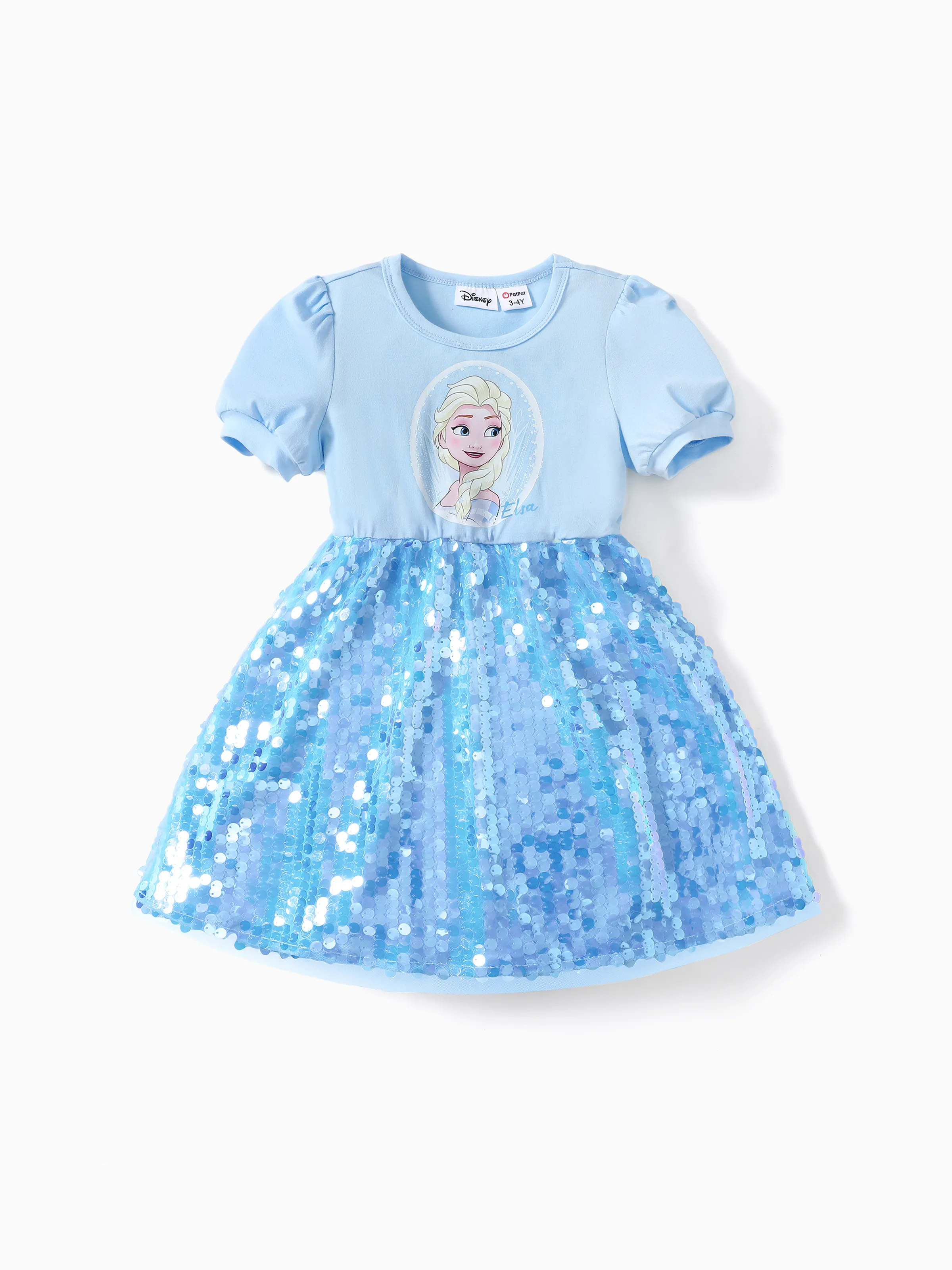 Disney Frozen Toddler Girls Elsa 1件角色印花泡泡袖亮片連衣裙