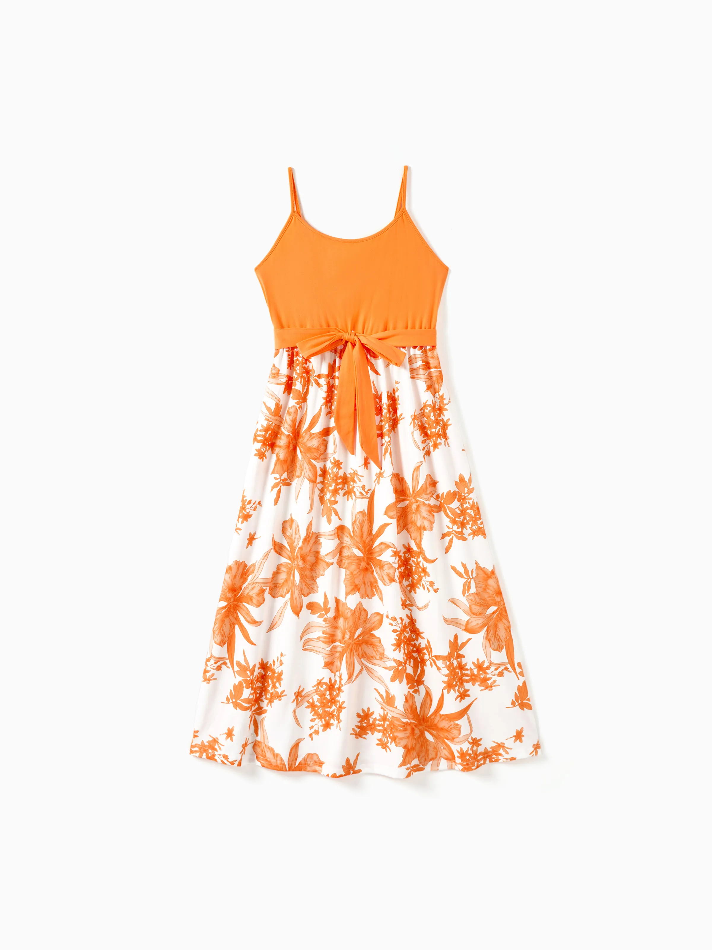 

Family Matching Orange Tee and Cami Top Spliced Belted Dress Sets